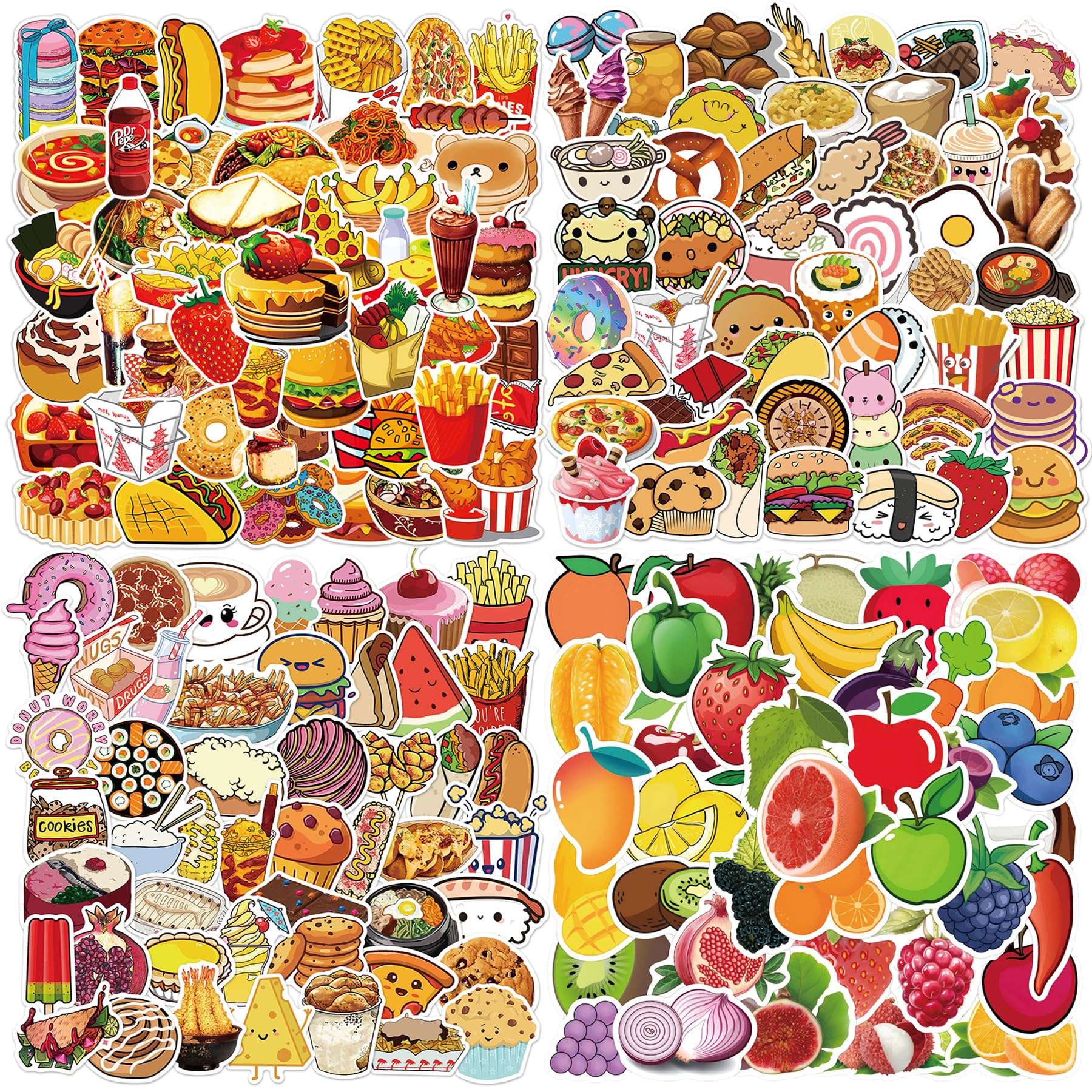 200Pcs Food Stickers for Kids Adults, Waterproof Snack Bread Fruit for Water Bottle Laptop Scrapbook Luggage, Cute Decals for Boys Girls