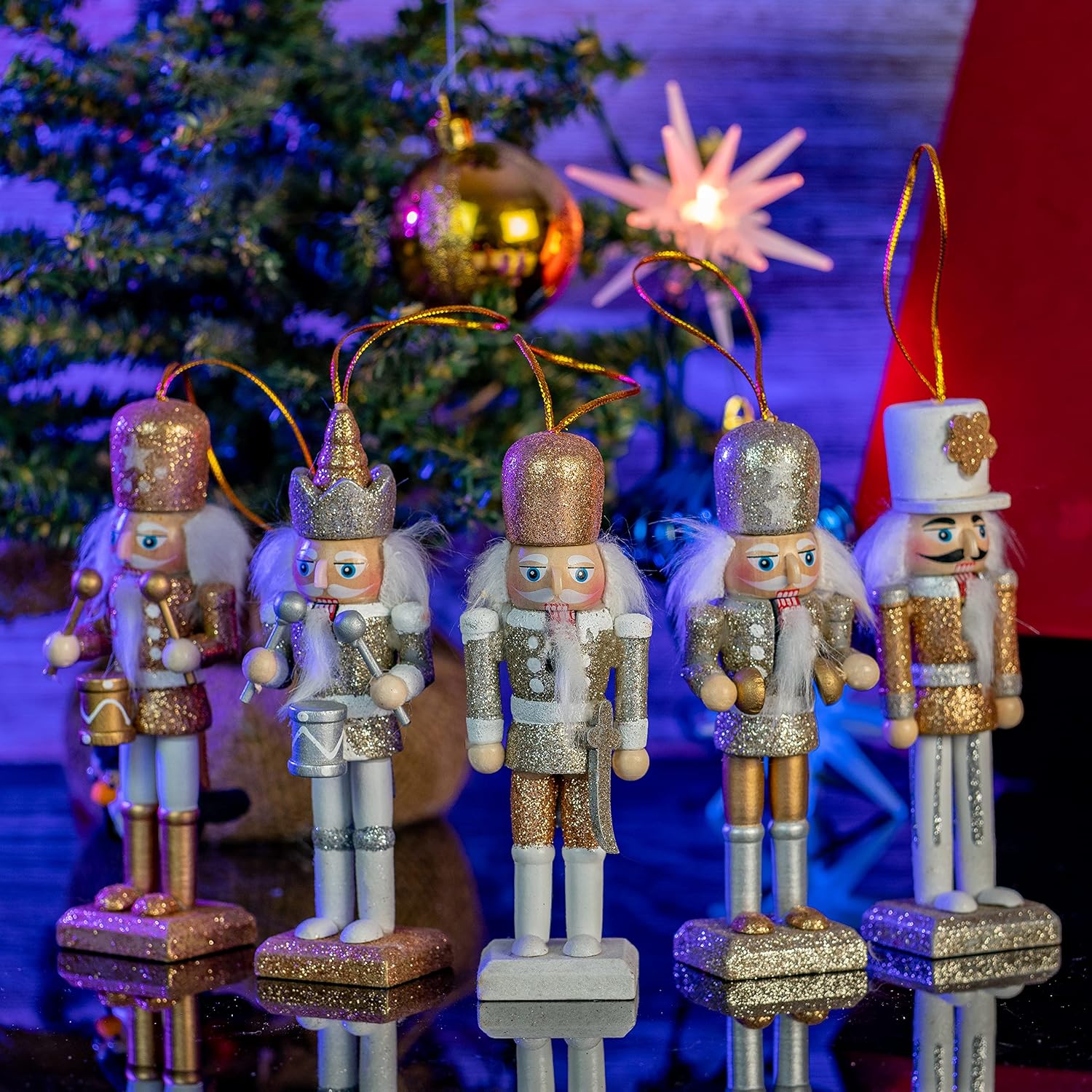 Ornativity Nutcracker Hanging Ornament Figures – Gold and Silver Glittered Christmas Mini Wooden King and Soldier Nutcrackers Xmas Holiday Tree Ornament Decor Set – 5 Pieces 5"