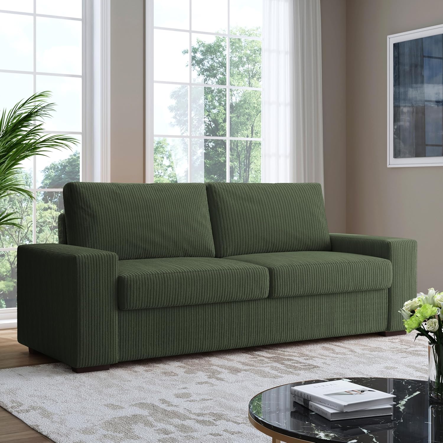 UIXE 80 Inch Loveseat Corduroy Sofa Couch, Modern Love Seat Upholstered 3-Seater Couches for Living Room, Wide Track Armrest Sofa Comfy Solid Wood Furniture, Green