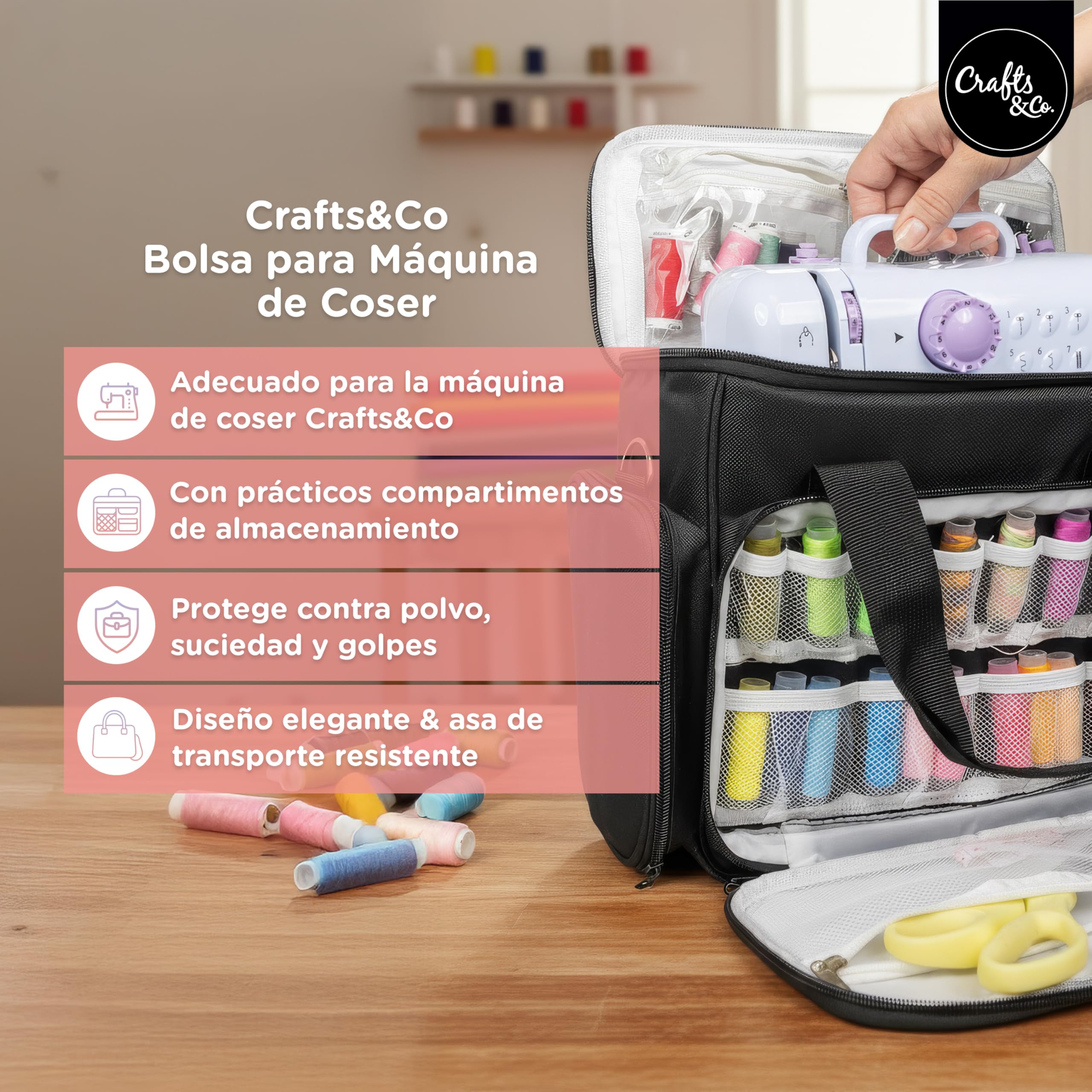 Crafts&Co® | Bolsa de máquina de coser con asas sólidas | Bolsa de transporte para máquina de coser | Con prácticos compartimentos de almacenamiento | Negro, negro, DIY