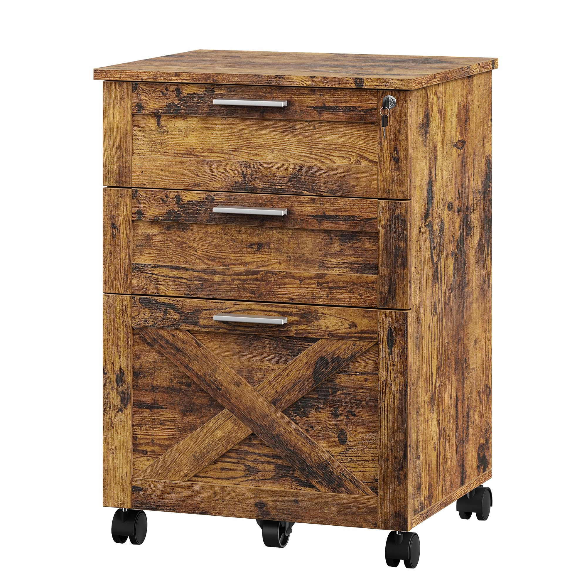 Garvee Aktenschrank,Rollcontainer,Büroschrank,mit 3 Schubladen,Abschließbar,Büro-Aktenschrank mit Hängeregisterfach - 48 x 40 x 68 cm,Rustikales Braun