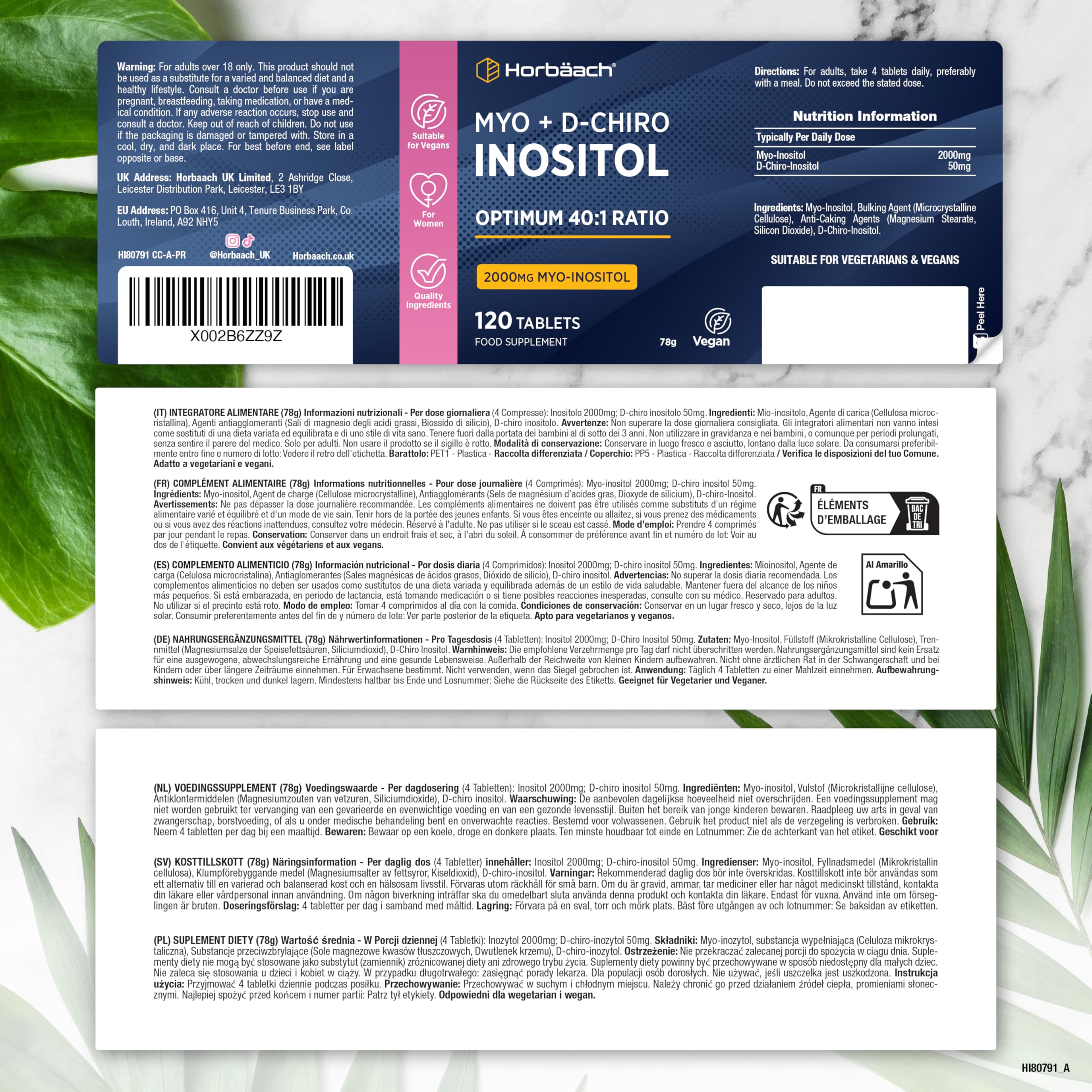 Myo Inositolo e D Chiro Inositolo 40 1 2000 mg | Integratore Vegano per le Donne | 120 Compresse | Myo Inositol D Chiro Supplement | di Horbaach