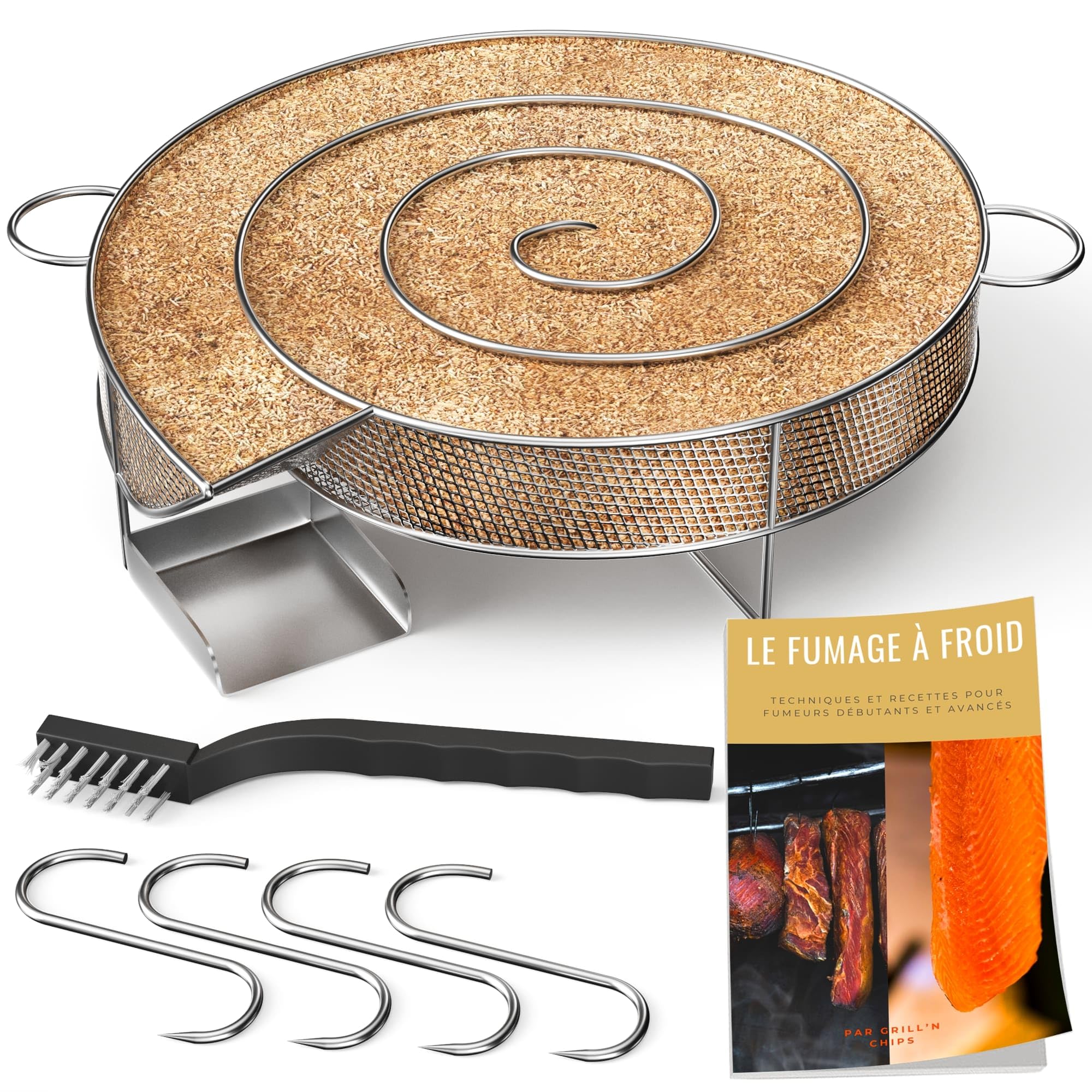 GRILL'N CHIPS® Serpentin/Générateur Fumée Froide Fumoir - Acier Inoxydable | 4 Crochets + Brosse. Jusqu'à 8-10h de Fumée. Fumage à Froid : Poisson, Viande, Fromage, Charcuterie. Guide PDF à Télécharger