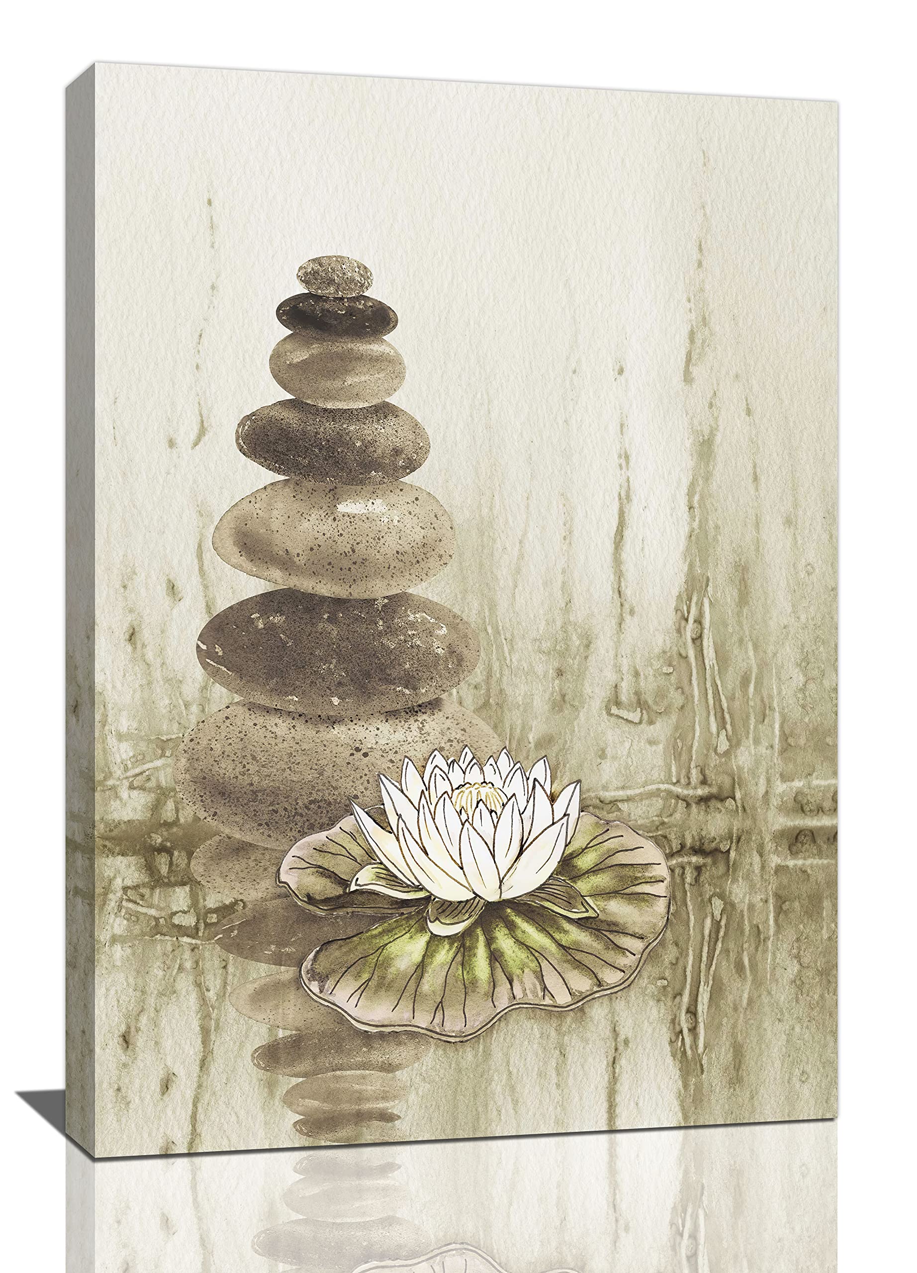 Zen Stones Wall Art White Lotus Flower Pictures Wall Decor Canvas Prints Framed Modern Painting Artwork For Bathroom Bedroom Yoga Spa Living Room Kitchen Office 16"x24"