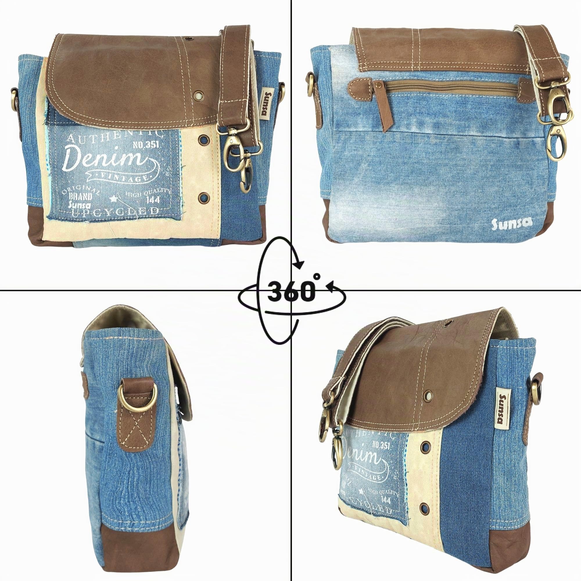 Sunsa Damen Umhängetasche. kleine Messenger Tasche aus Canvas recycelte Jeans & Leder. Nachhaltige Vintage Crossover Bag mit Lederklappe. Handtasche als Geschenkideen für Frauen
