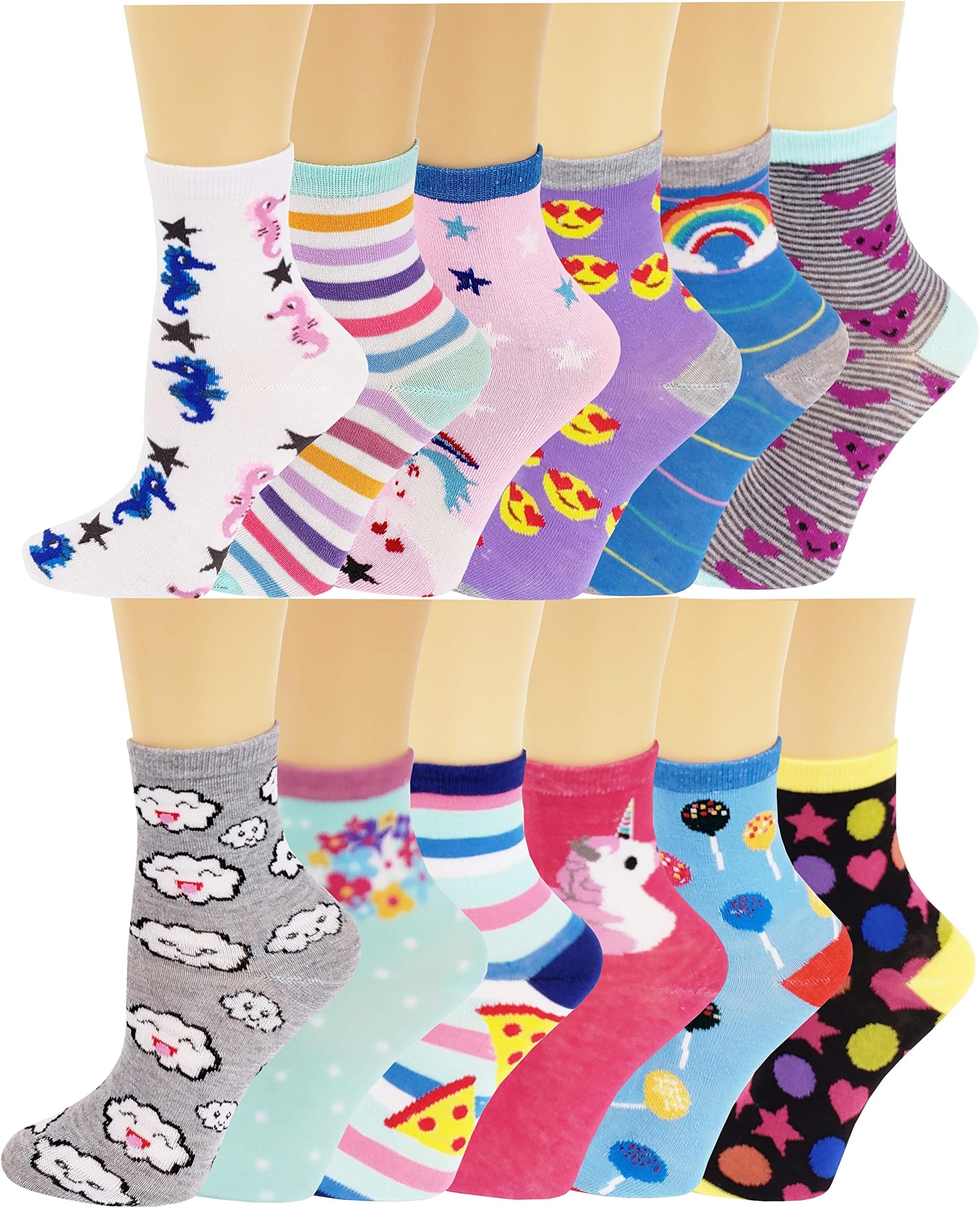 Ayla12 Pairs Pack Kids Girls Colorful Creative Fun Novelty Design Crew Socks (6-8, Crazy Design)