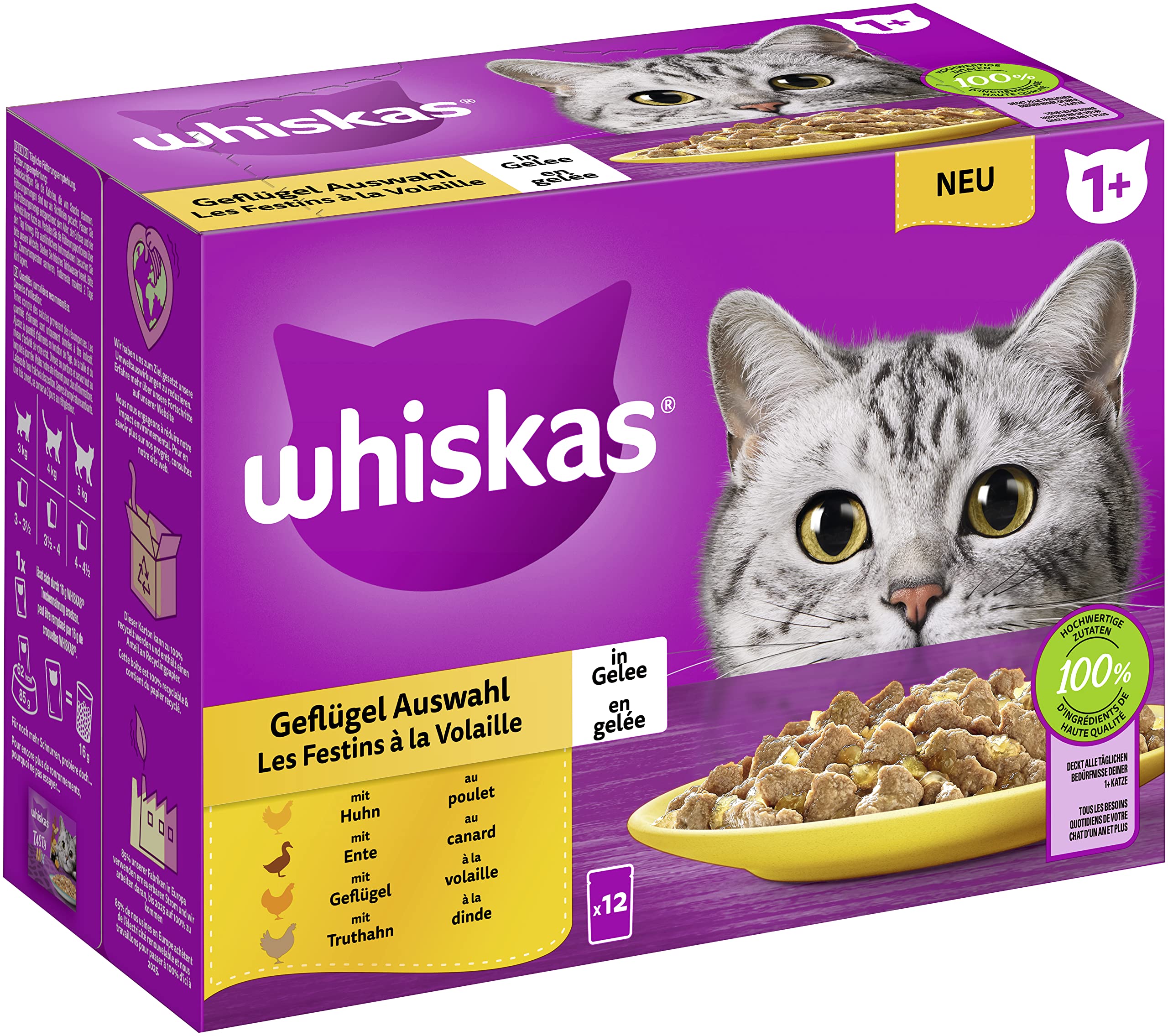 Whiskas 1 + cibo per gatti a scelta in gelatina, 12 x 85 g (1 confezione) – Alimento umido di alta qualità per gatti adulti in 12 sacchetti per porzioni