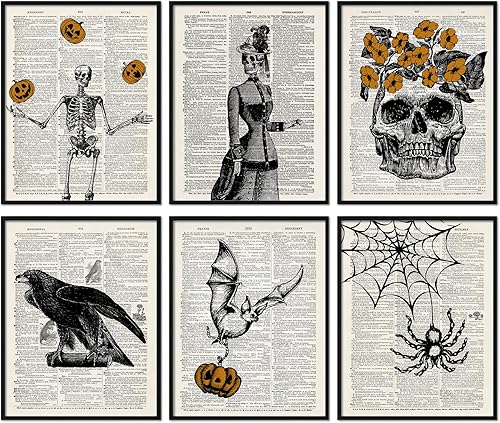 Whaline 6 impresiones artísticas de esqueleto de Halloween de 12 x 16 pulgadas, espeluznante arte gótico para pared, póster de Murciélago Bruja,