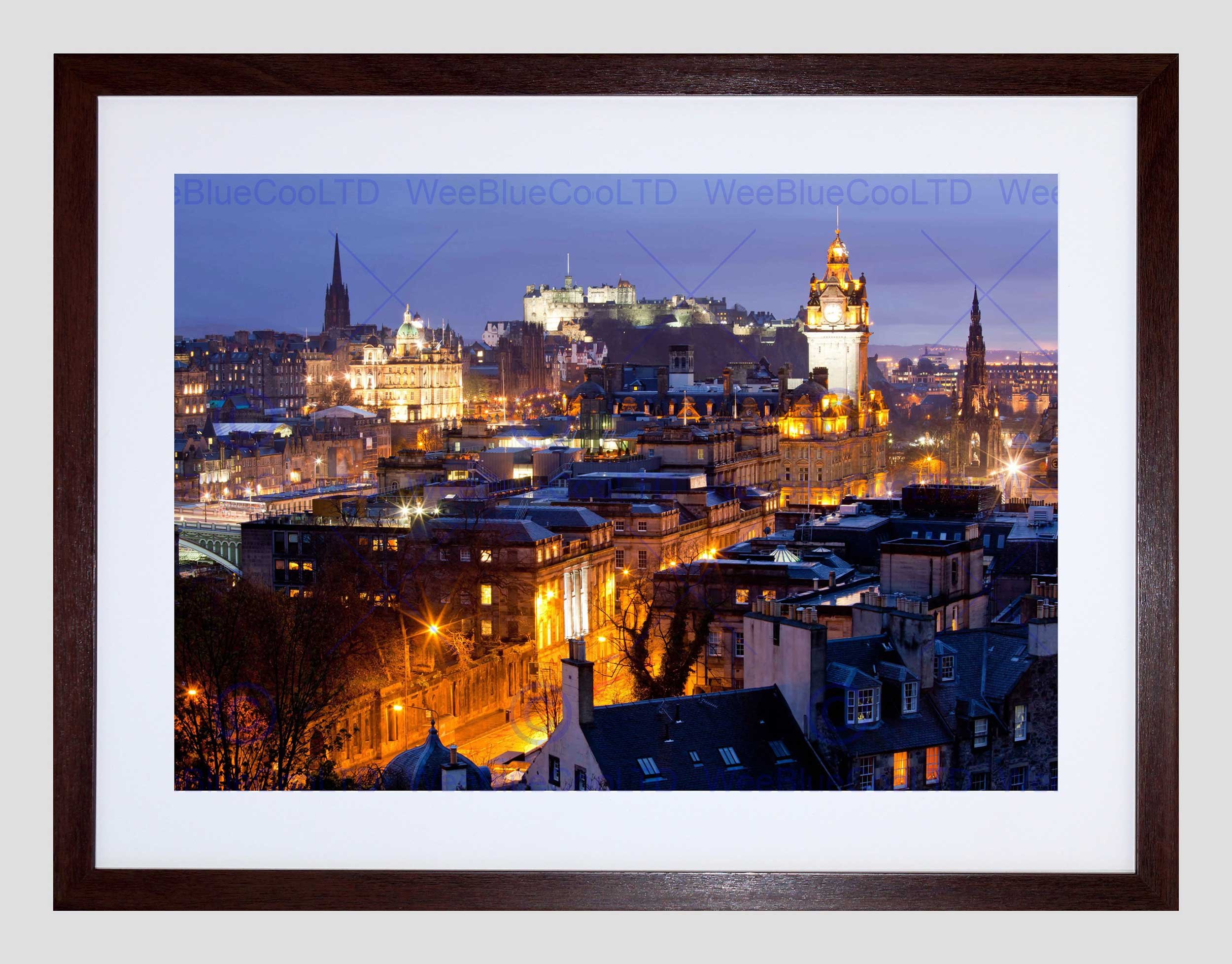 Wee Blue Coo Photo Cityscape Edinburgh Scotland Castle Scott Monument Night Framed Wall Art Print