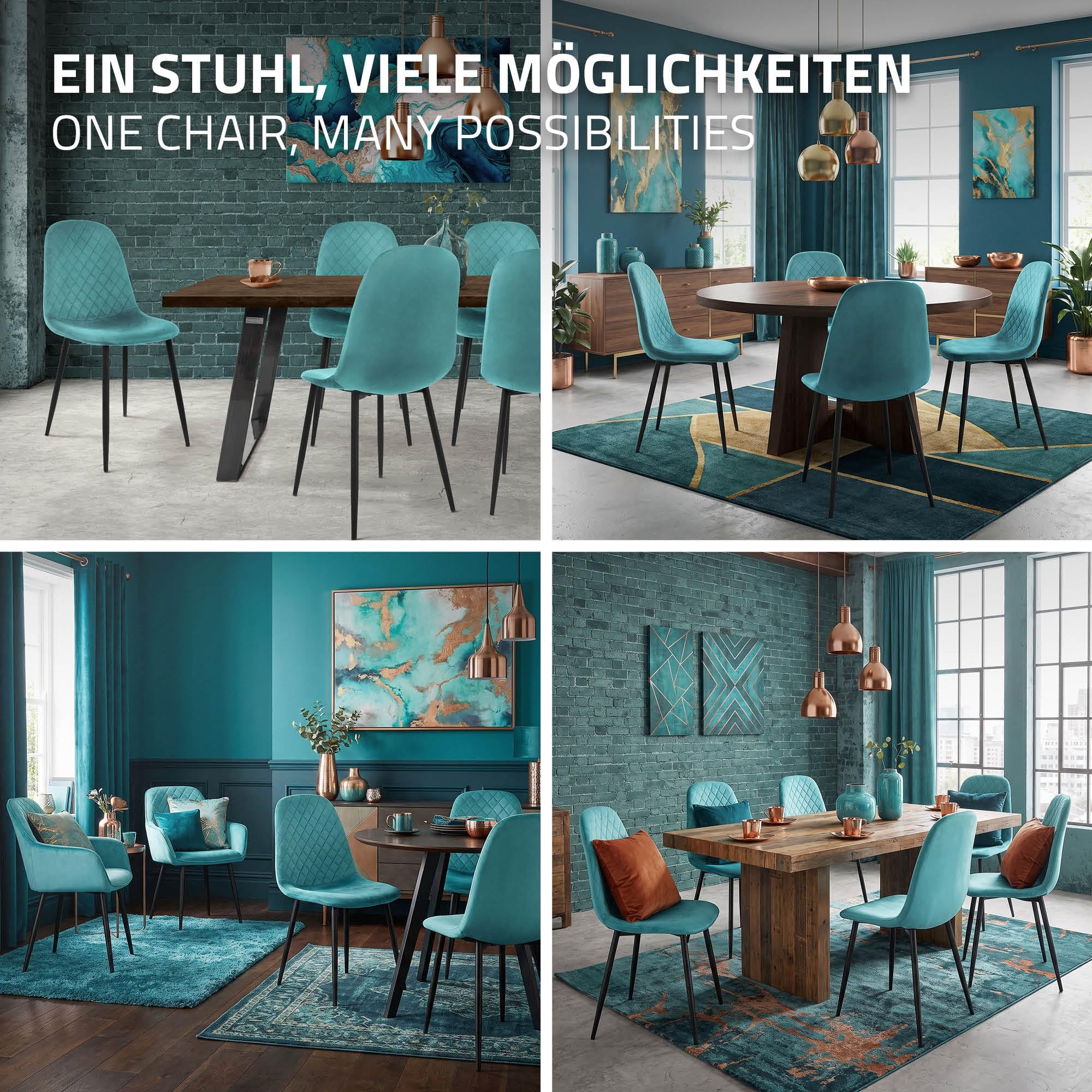 ML-Design Set di 4 Sedie per Sala da Pranzo Rivestimento in Velluto Petrolio Poltroncine da Cucina con Schienale e Gambe in Metallo Seduta Ergonomica Sedia per Soggiorno Salotto