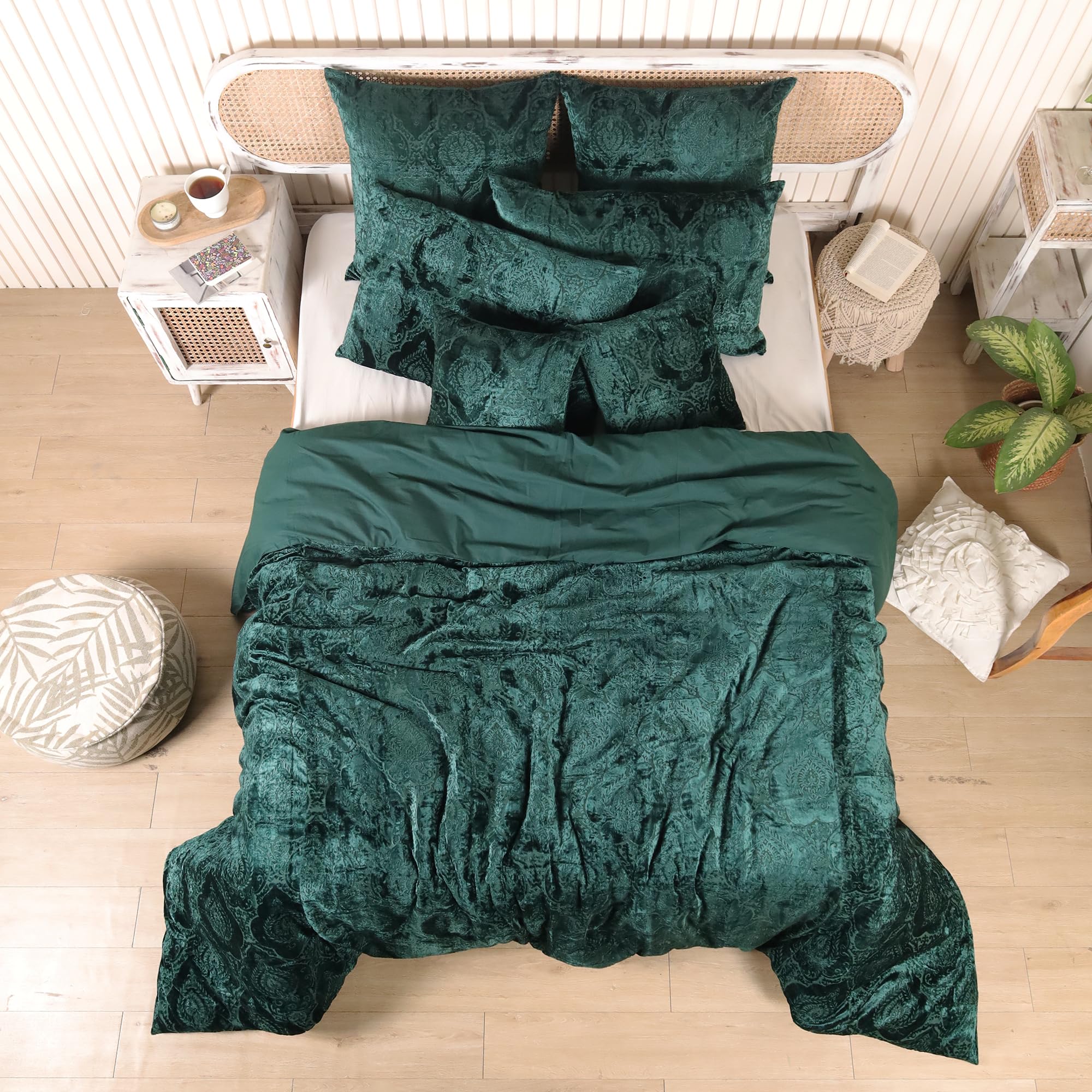 Sophia-Art Damask Printed Velvet Duvet Cover 3 Pcs Set Solid Pattern Luxury Bedding Cover Comforter Cover with 2 Pillow Shames UO Comforter (Dark Green Brunt Out, Queen 90inch W x 90inch L)