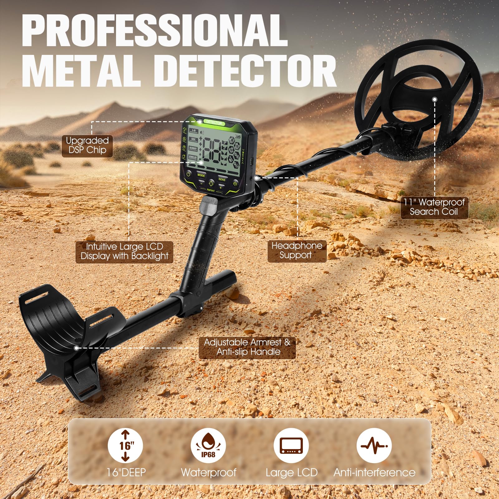 UniWater Metal Detector for Adults Professional,Higher Accuracy Gold Detectors Waterproof, Backlight LCD Display, Advanced DSP Chip,16