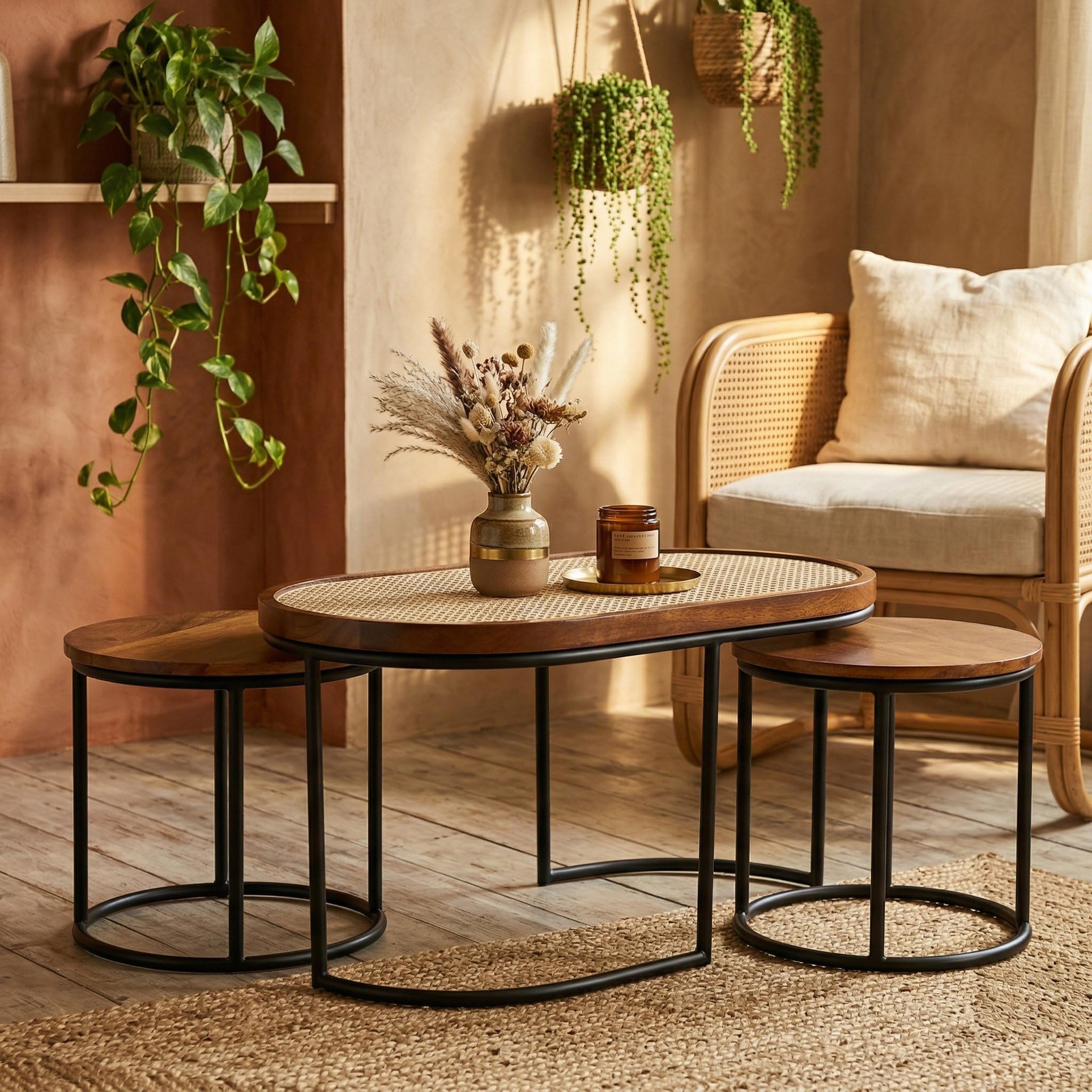 SHUBHARAMBH Rattan Coffee/Center Table with 2 Side Tables (Stools) Set of 3 with Glass on Top-image-44