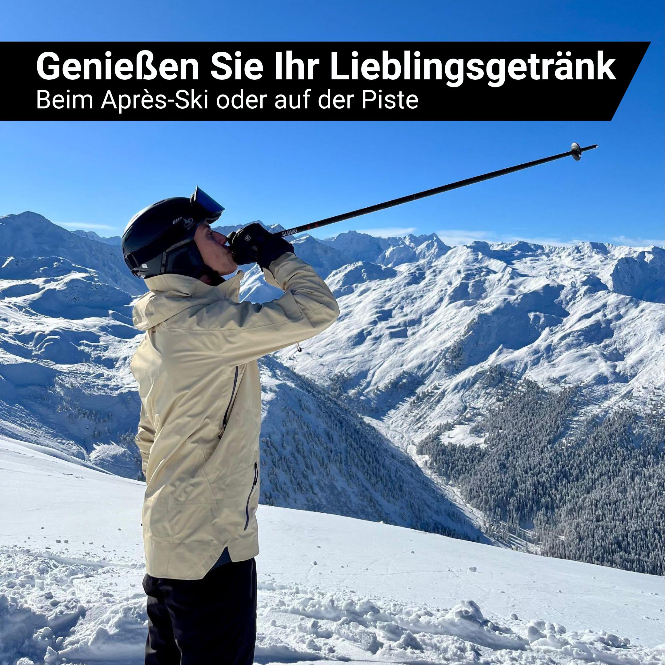 Skistöcke mit Getränkebehälter | 2X 200 ML | Hochwertiges Aluminium 7075 | Skistöcke für Ihr Lieblingsgetränk | Schwarz | Unisex | Inklusive praktischem Trichter
