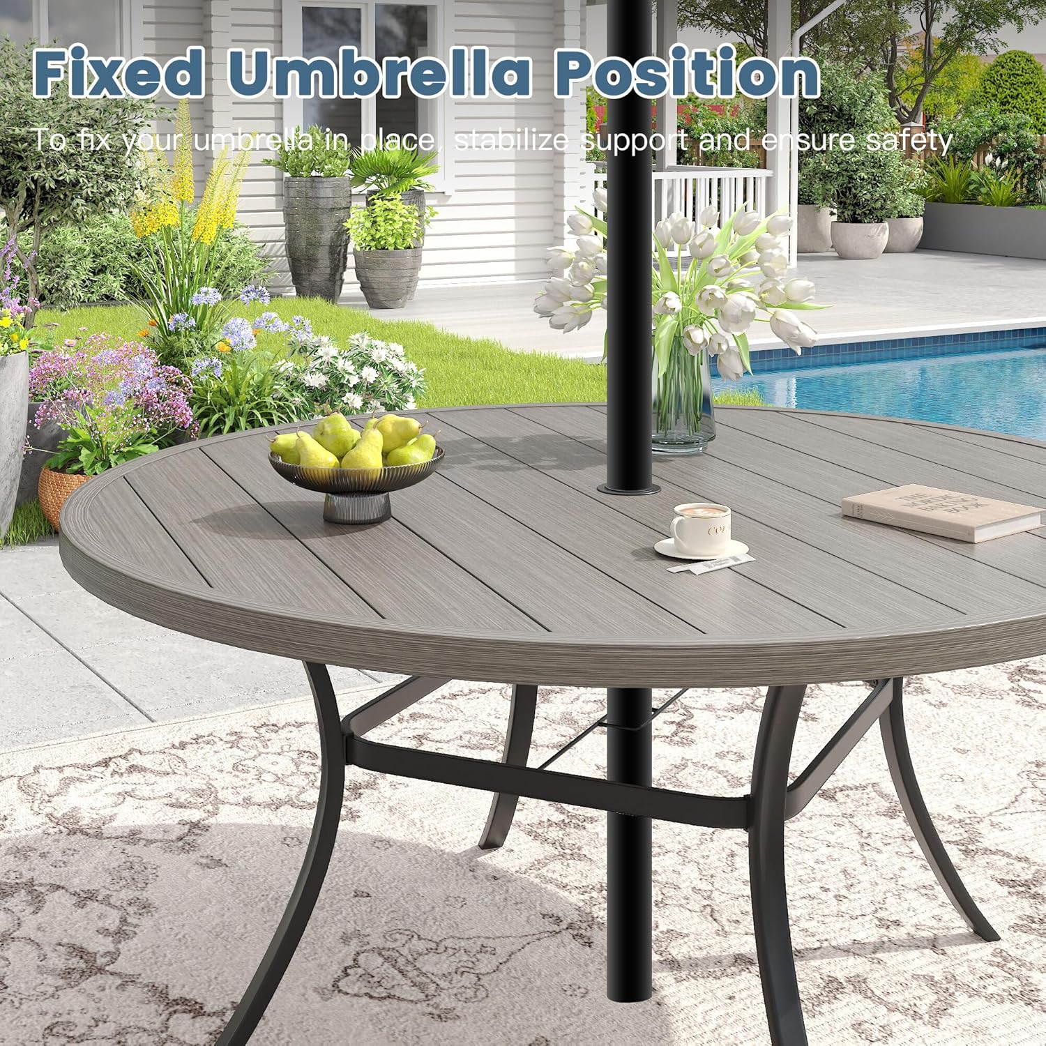 DIFY 11 Pieces Outdoor Patio Dining Set for 10, 60" Grey Wood-Like Round Metal Dining Table and 10 Grey Stackable Textilene Patio Chairs, Outdoor Table and Chairs for Backyard Garden Poolside