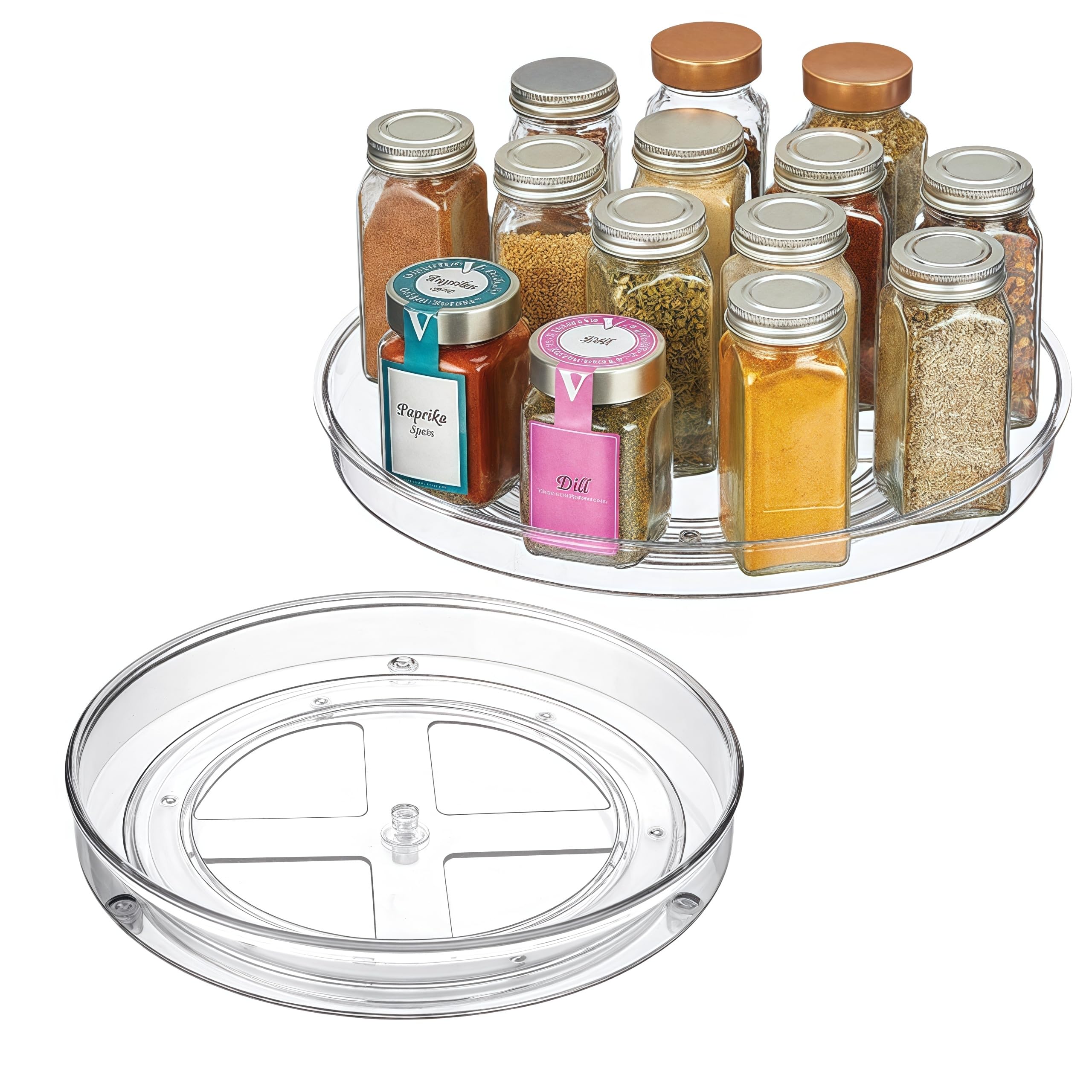 2 Pack Lazy Susan Turntable Cupboard Organiser(27+23.5cm), 360° Rotatable Spice Rack, Clear Cosmetic Makeup Organiser Spinning Kitchen Organiser for Cabinet, Pantry, Fridge, Countertop ﻿