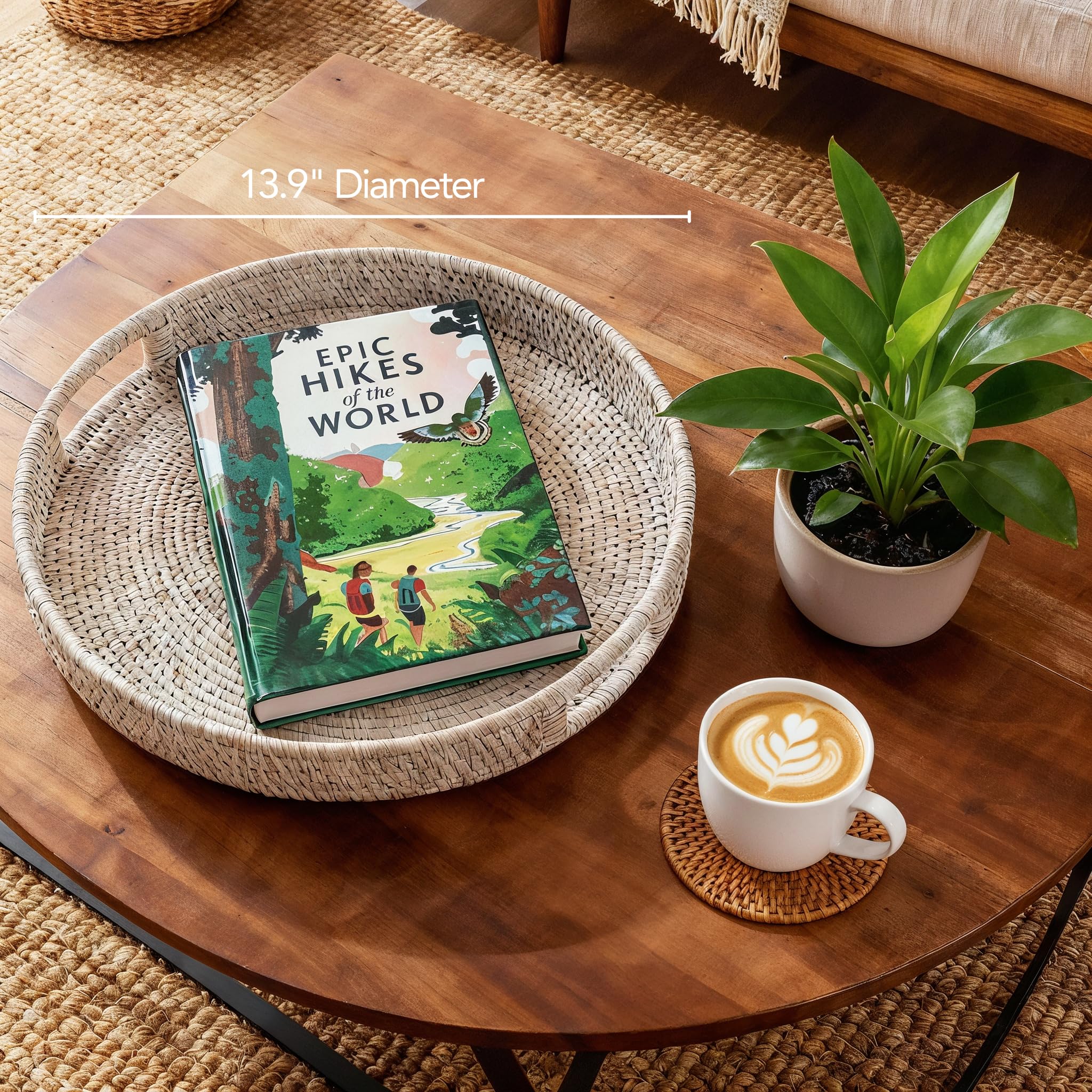 Jungle Culture Bandeja de ratán de 34cm / 13,8" • Bandejas Tejidas con Asas para el hogar • Bandeja Redonda para Mesa de Centro • Cesta de Mimbre para Pan, Fruta, Velas • Blanco