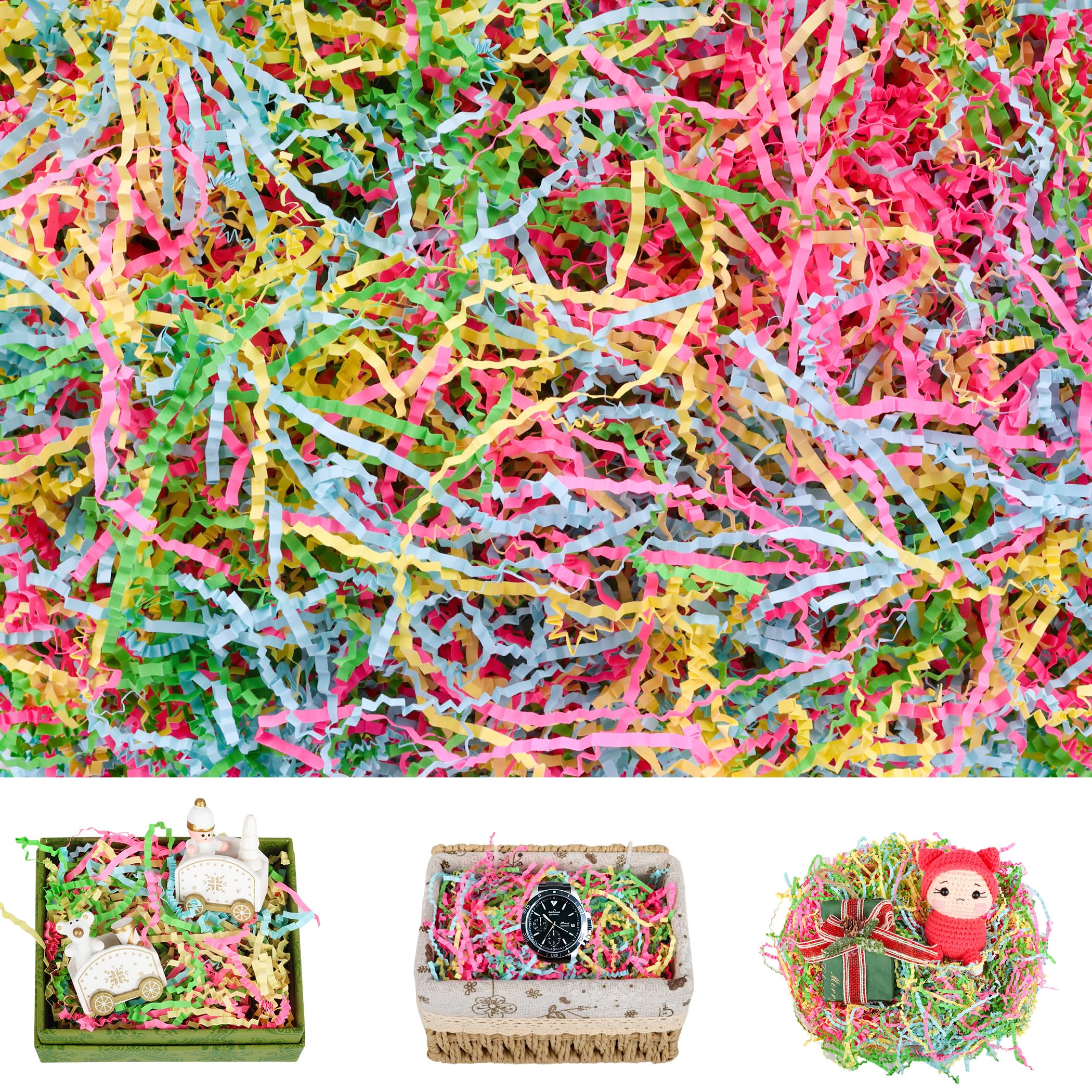 QOIUSO 8oz Easter Crinkle Paper Filler: 1/2LB Red, Green, Blue & Yellow Shredded Raffia/Crinkle Cut Paper for Gift Baskets, Boxes, Bags & Party Packaging - Reusable Fluffable Easter Basket Grass