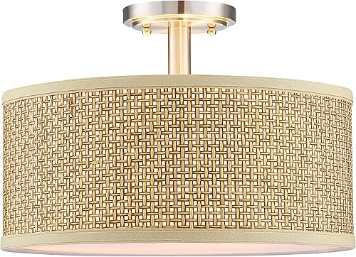 Lámpara de techo semiempotrada de tela de lino, difusor de poliestireno para bar, comedor, pasillo, sala de estar, pasillo (acabado de níquel