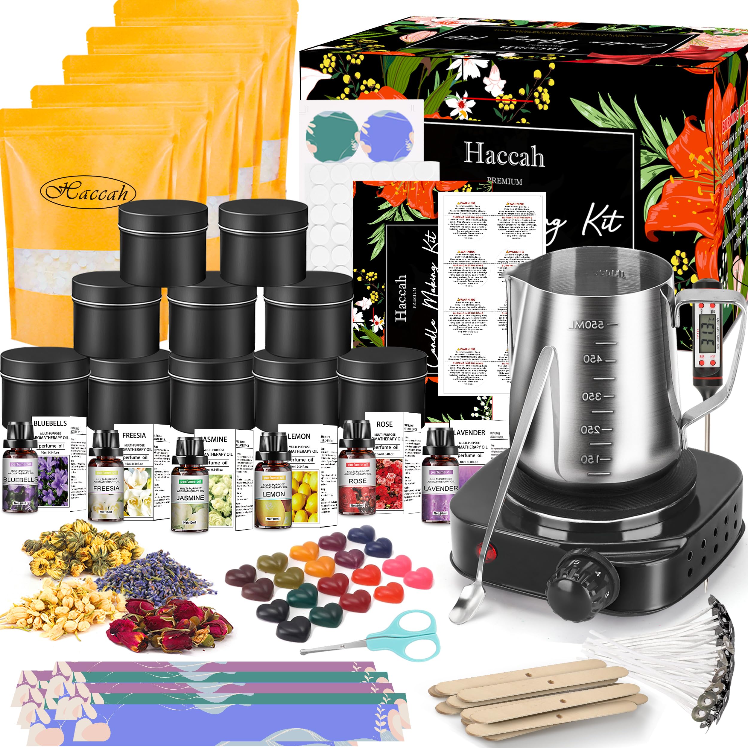 Haccah Complete Candle Making Kit with Wax Melter, Making Supplies,DIY Arts&Crafts Gift for Kids,Beginners,Adults,Including 500w Electronic Stove,Wicks,Rich Scents,Dyes,Melting Pot,Candle tins