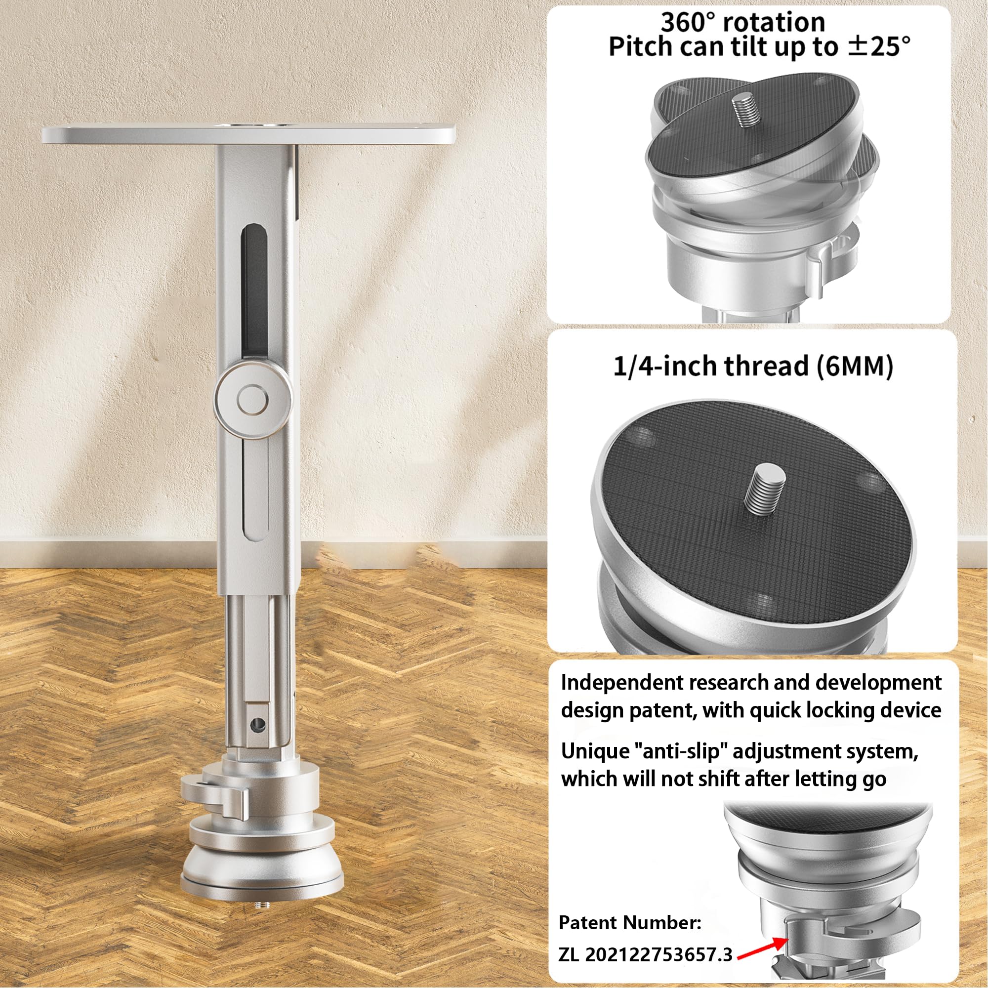 Projektorständer, Einloch-Aufhängung, höhenverstellbar, Projektor-Decken-/Wandhalterung, Projektorregal für Decken-Wand-Zubehör, Aluminium-Legierung, Tragkraft 15 kg, Silber