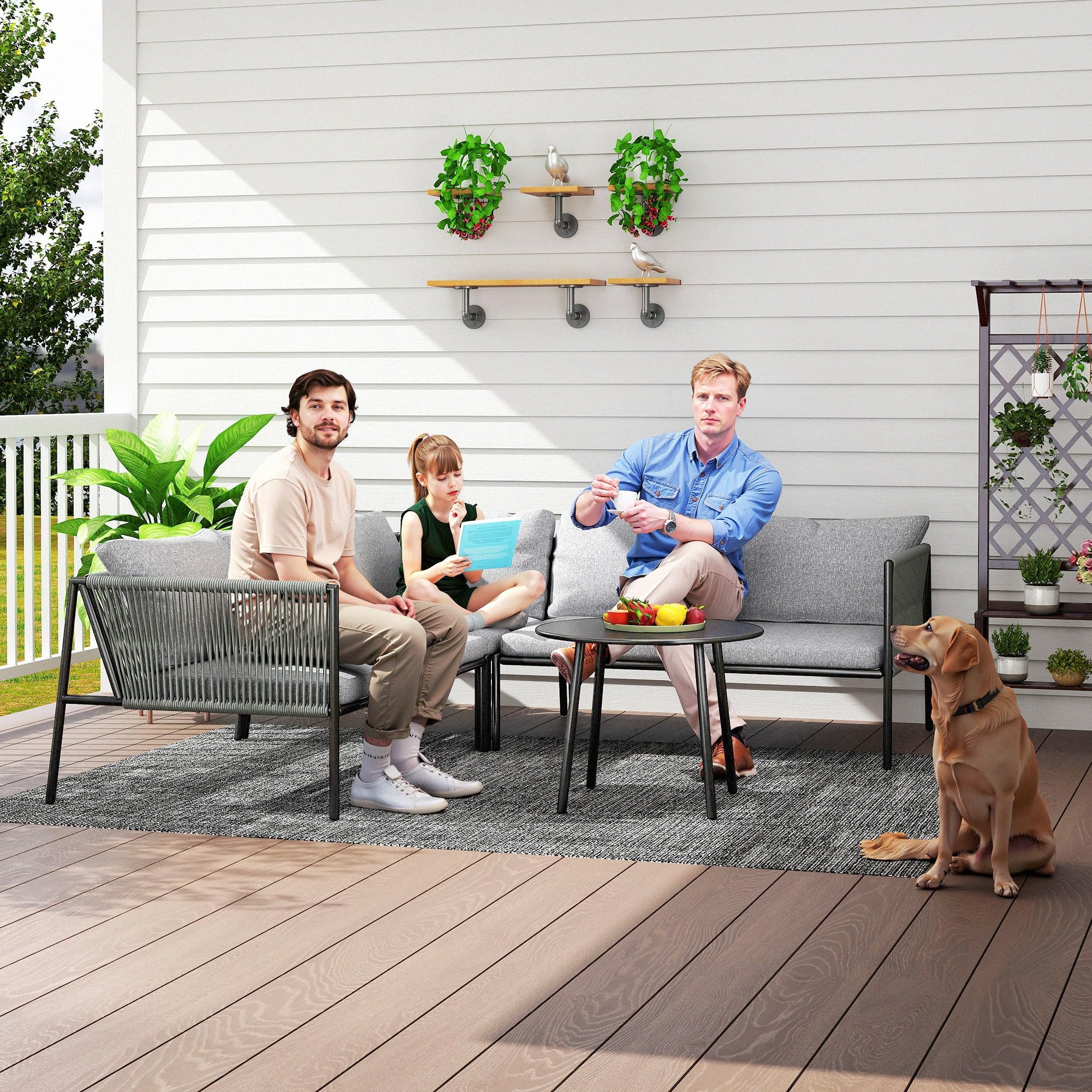 Outsunny Conjunto Jardín Exterior de Ratán con Cojines Conjunto Terraza Resistente a la Intemperie Muebles Jardín Exterior con 2 Sofás de 2 Plazas Sofá Esquina Mesa Redonda Gris Oscuro