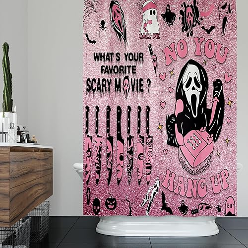 Miniatura 4 de KAIRA Juego de 4 cortinas de ducha de terror rosa con alfombras, divertida decoración de baño espeluznante, juego de baño impermeable para Halloween