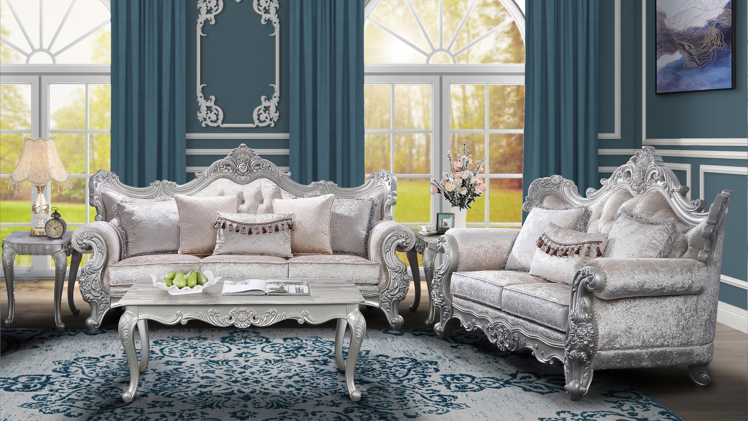 HXUHUWS Transform Your Living Space with Elegant 2-Piece Sofa and Loveseat Set, Traditional Design, Champagne with Silver Brush Finish