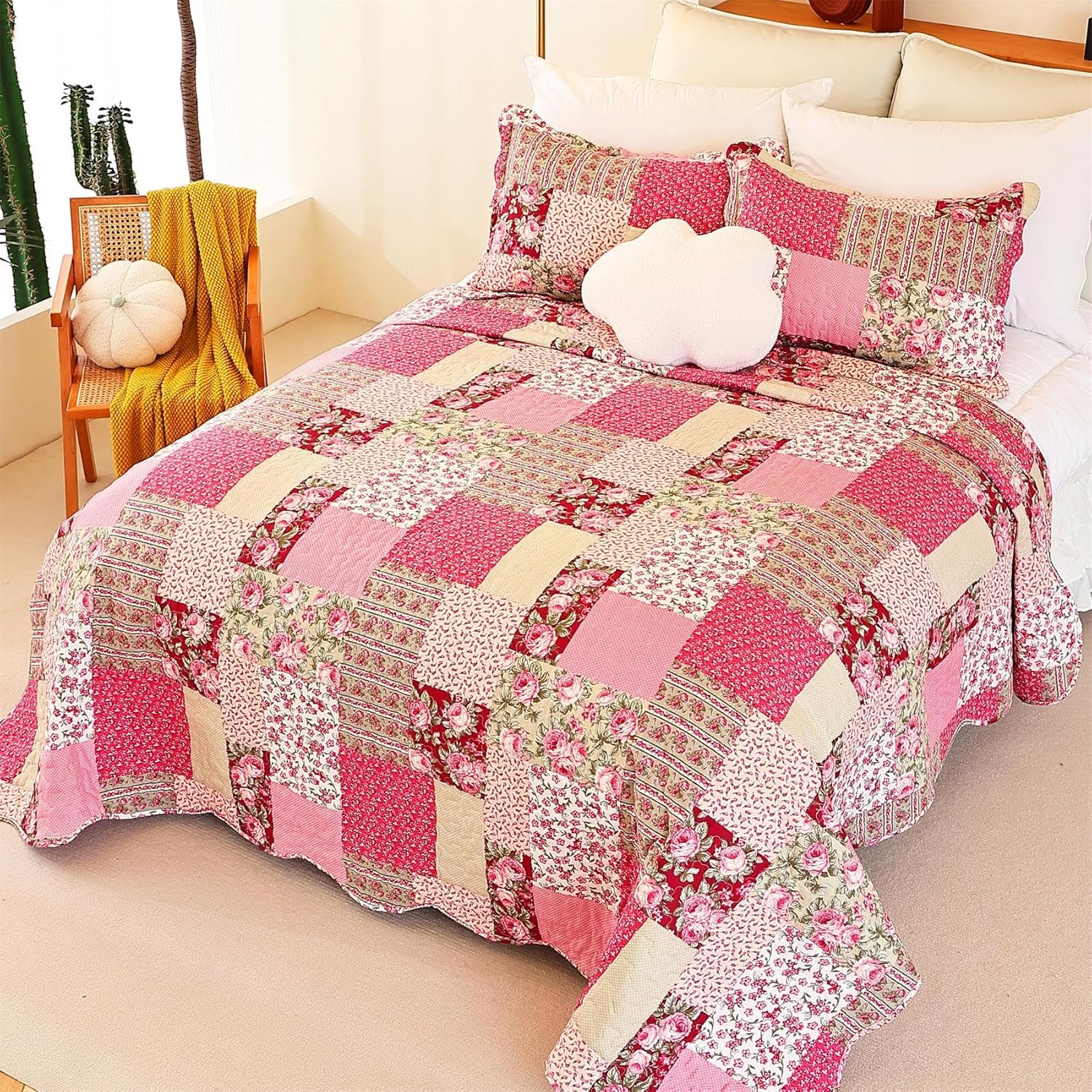 Cmfshape Summer Floral California King Bedspread,Romantic Pink Quilt Set King,Reversible Stitched Bedding Set All Season,Soft Lightweight Coverlet with Pillow Cases (Hot Pink&Rose, King106 x96)