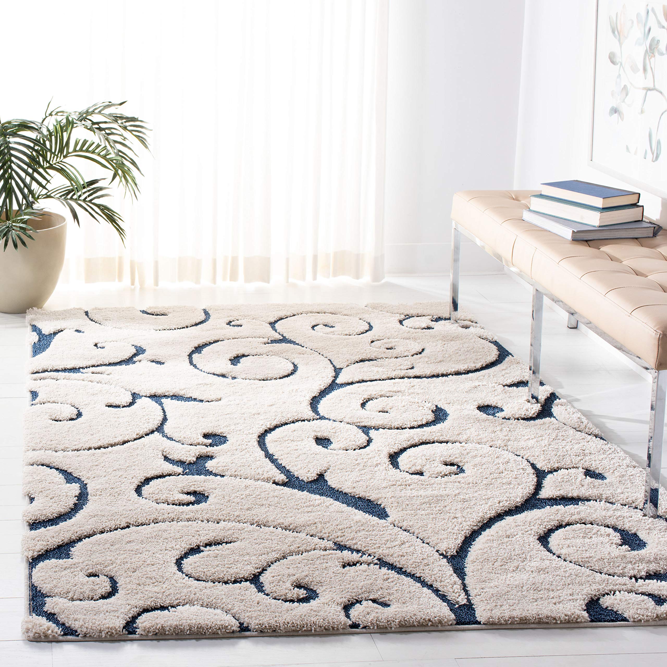 SAFAVIEH Florida Shag Collection Accent Rug - 4' x 6', Cream & Blue, Scroll Design, Non-Shedding & Easy Care, High-Low Plush Pile, Ideal for Living