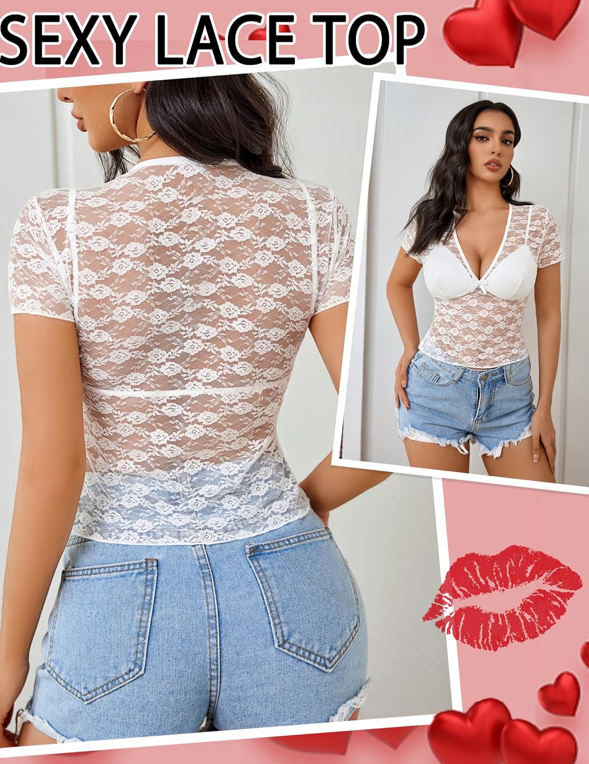 Avidlove Lace Tops Womens Short Sleeve V Neck Sexy See Through Tee Shirts Y2K Mesh Top Party Club Night Blouse S-XXL - Image 4