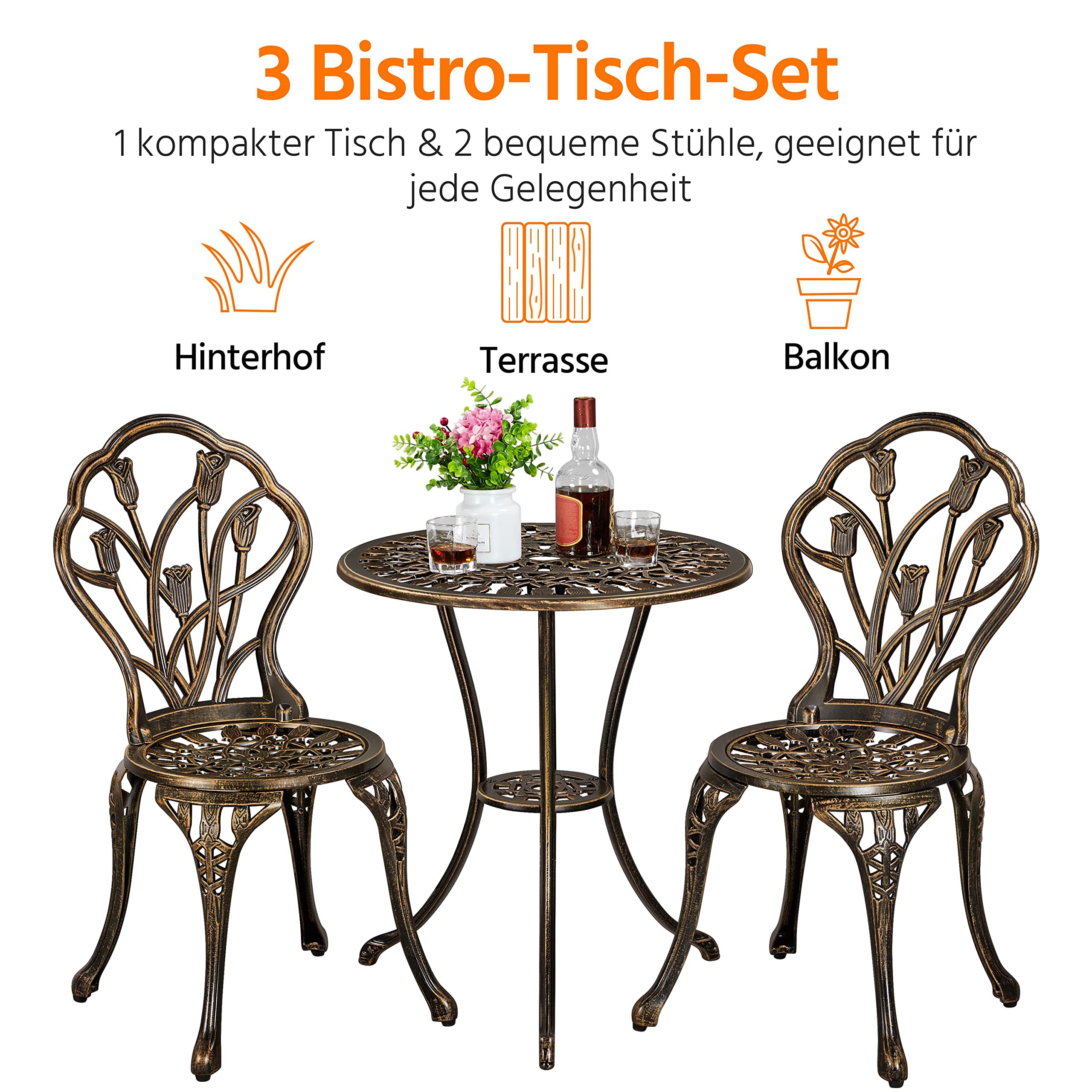 Yaheetech 3 TLG. Bistroset Sitzgruppe Balkonset Aluminiumguss Gartentisch mit 2 Stühlen Gartengarnitur Gartenmöbel für Garten und Balkon, Bronze