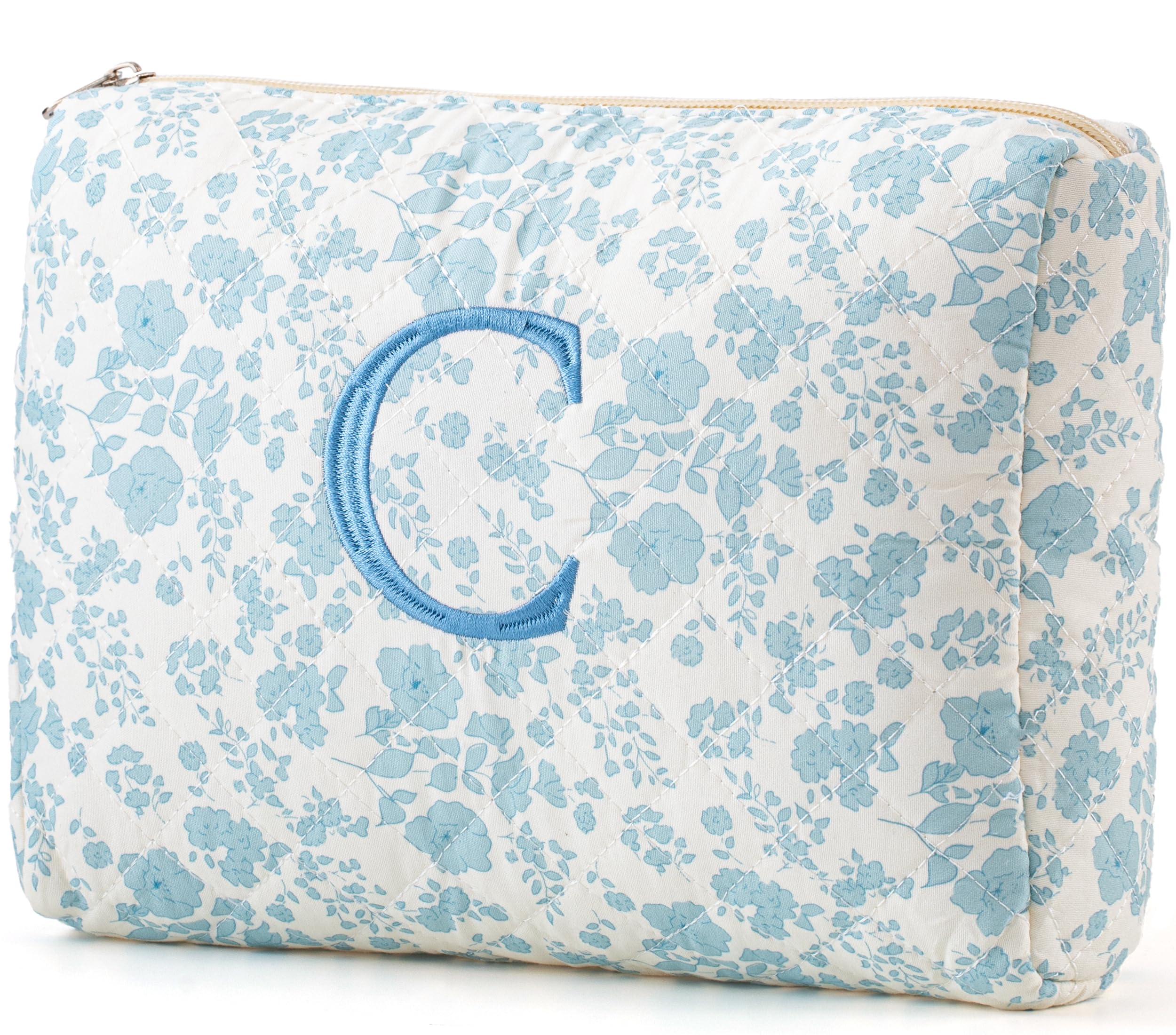 HBselect Initial Quilted Makeup Bag, Cotton Large Travel Makeup Bag, Cute Floral Coquette Make up Bag Cosmetic Bag Toiletry Bag for Women Girls C