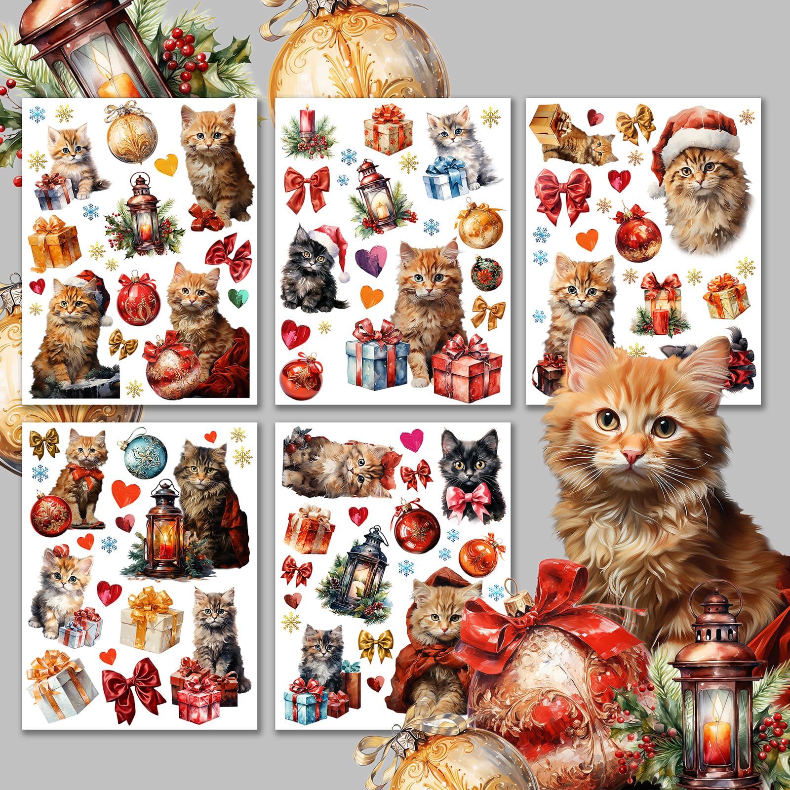 Decoupage Paper Pack (15 Sheets 8"x11") Cats with Christmas Gifts HANATABA Vintage Styled Ephemera Pictures for Decoupage Craft and Scrapbooking
