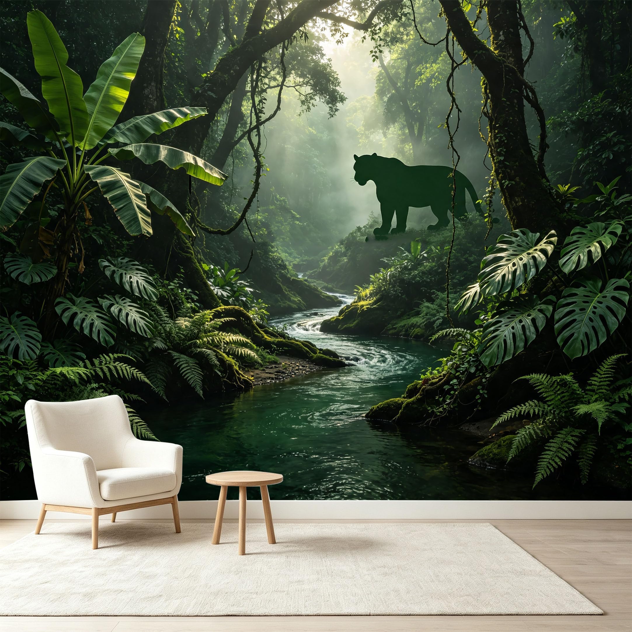 Custom Size Wall Murals Tropical Jungle River Panther Silhouette Nature Landscape Self-Adhesive Wall Fabric Removable Wallpaper Wall Decor for Living Room Bedroom Bathroom