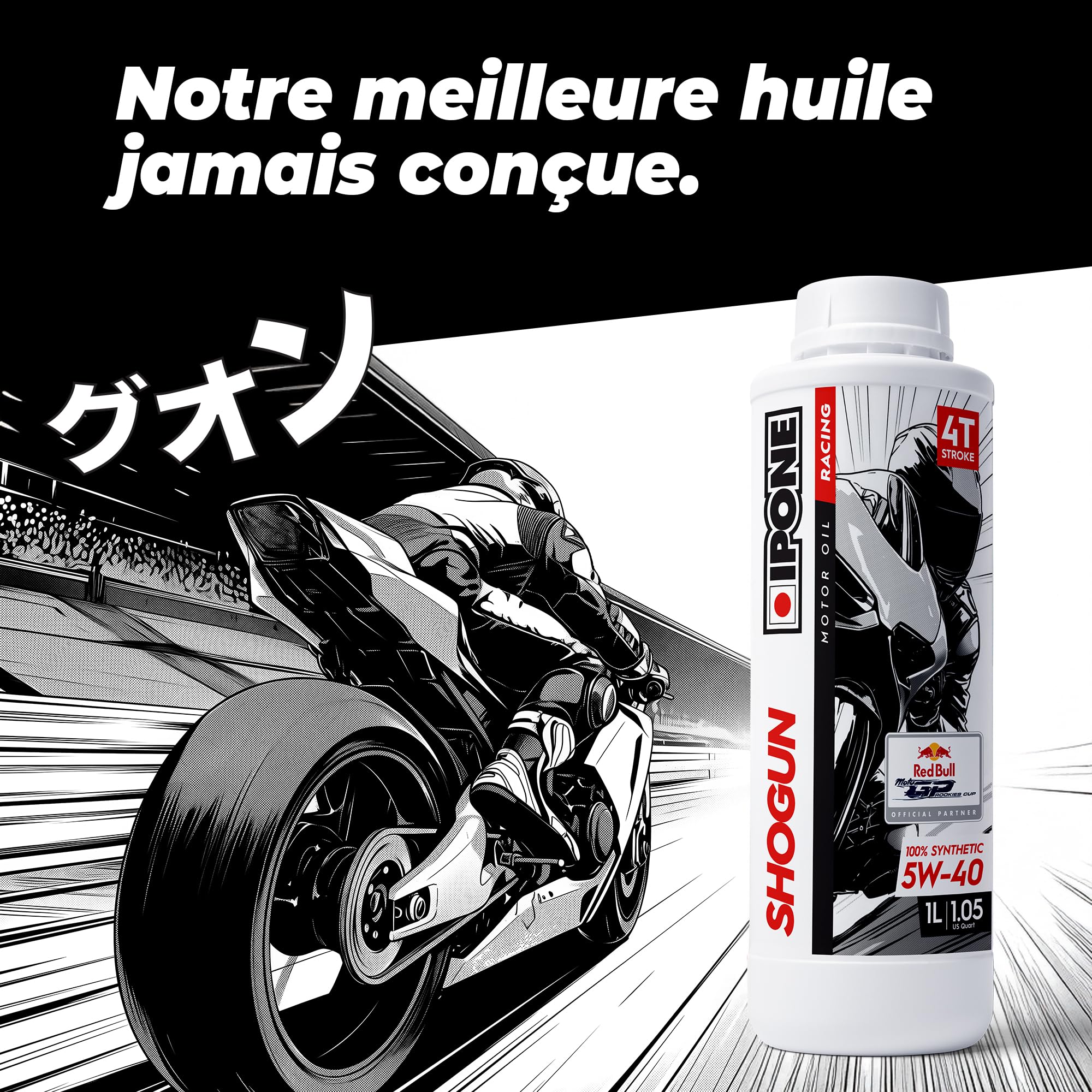 IPONE – Huile Moteur Moto 4 Temps 5W40 Shogun – Bidon 4 Litres - 100% synthétique - Gamme Racing - Performances exceptionnelles - Protection maximale du moteur - Testée et approuvée en compétition