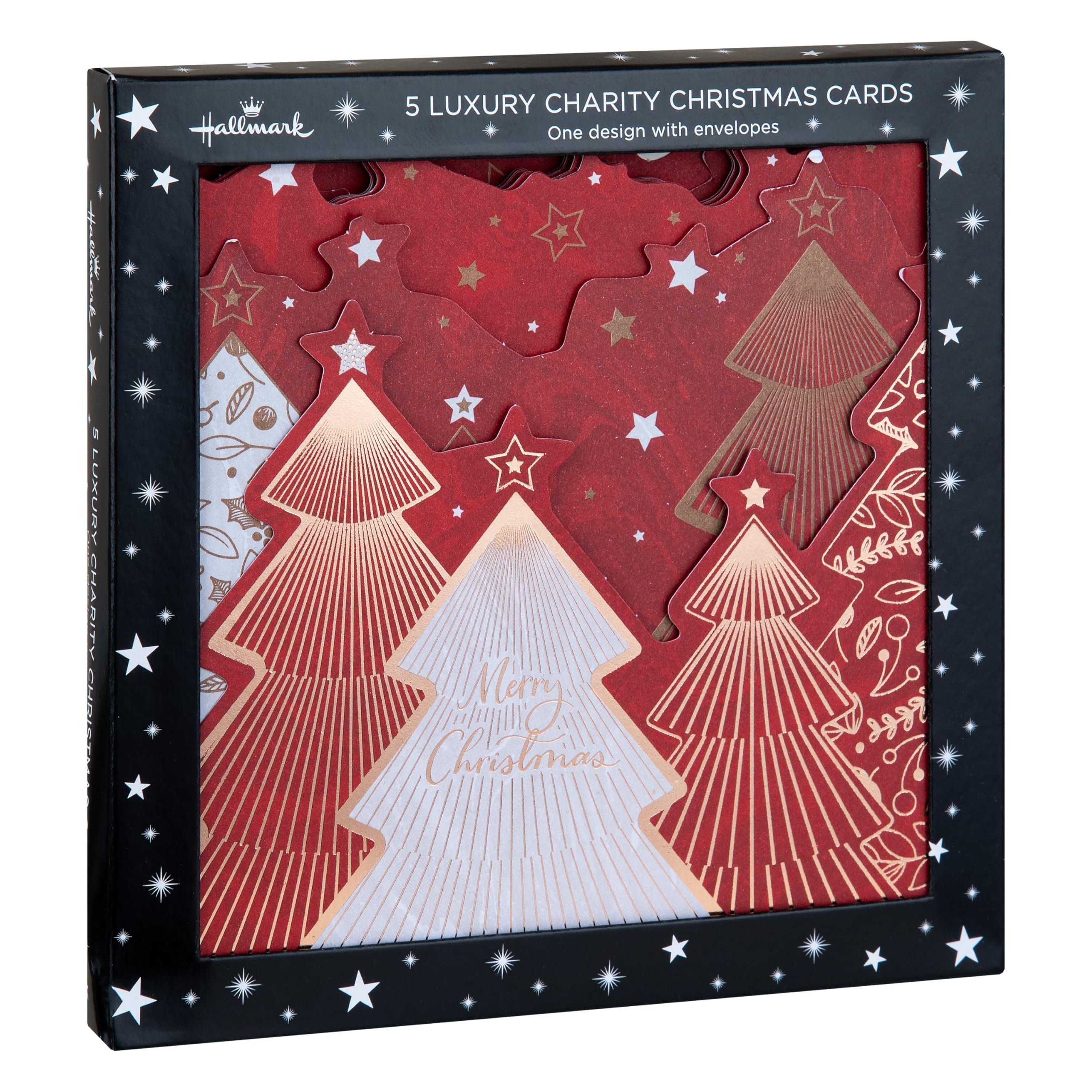 Hallmark Luxury Boxed Christmas Cards - Pack of 5 Charity Cards in 1 Classic 'Jewel Trees' Design