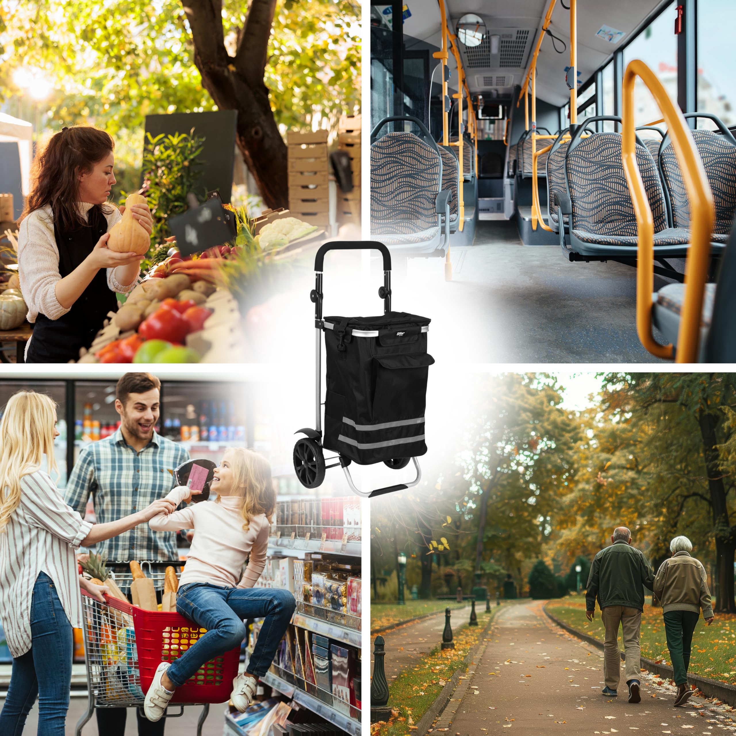 Sillar Trolley Spesa Pieghevole 56 L con Borsa Frigo 5 L – Carrello Porta Spesa Ruote/Carrello per la Spesa con Ruote, Carrellino Spesa 4 Ruote, Shopping Trolley 50 kg, Nero