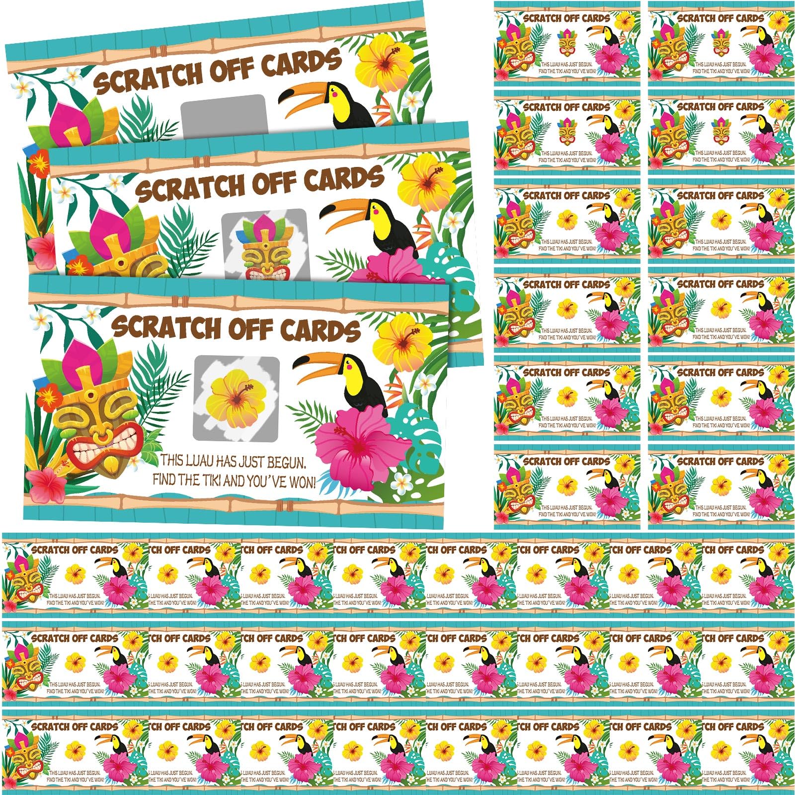 Dunzoom 45 Pcs Luau Party Scratch off Cards Summer Game Tiki Theme for Hawaiian BBQ Birthday Party Bridal Shower Camping Picnic Supplies Tropical Holiday Beach Prize Raffle Ticket (Hawaiian)