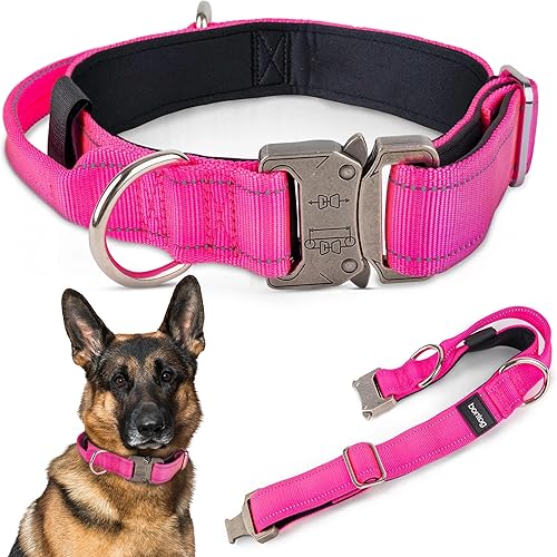 Bontog Collar táctico para perros grandes con nailon acanalado de fuerza militar, mango de control, dos anillos en D, hebilla de metal de liberación