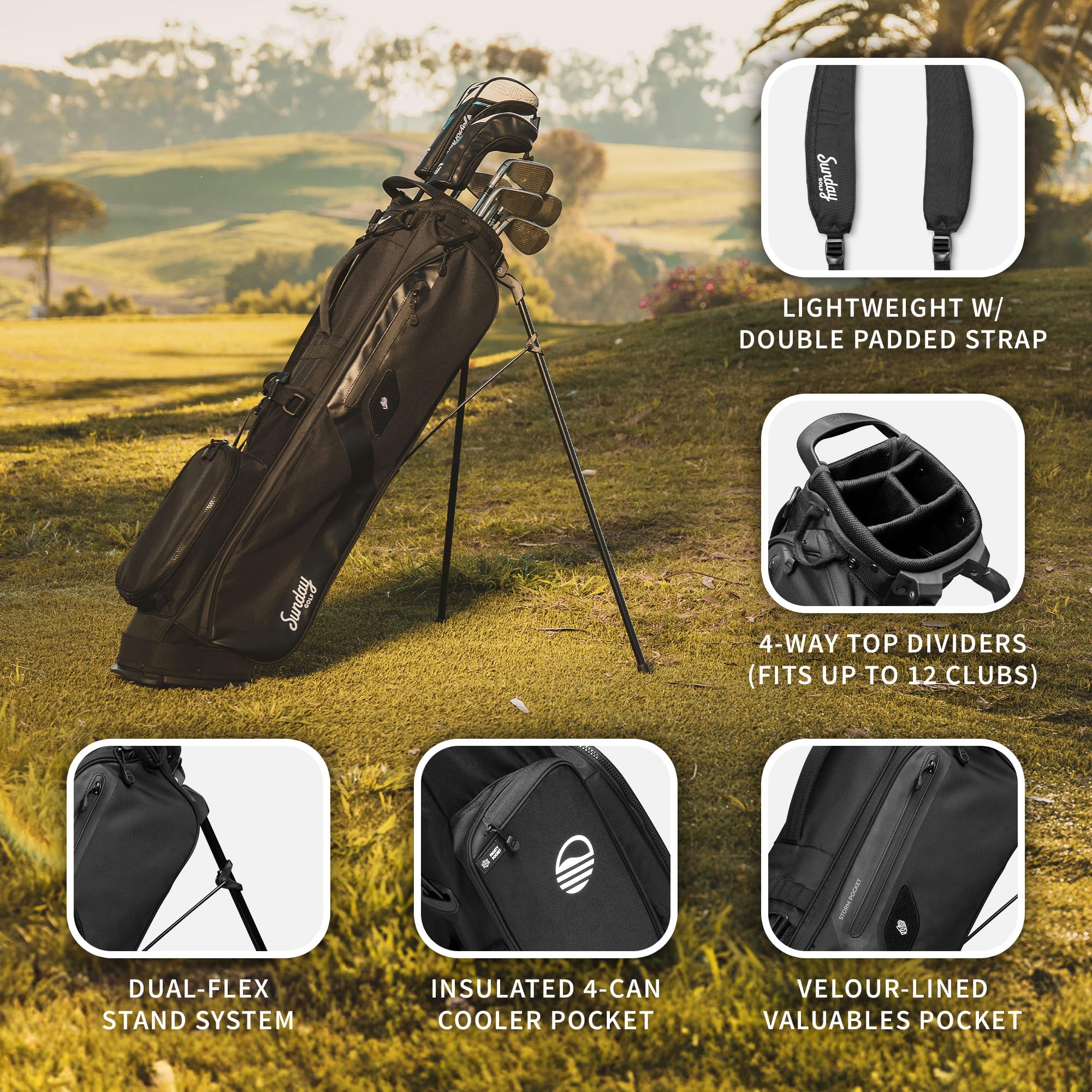 Sunday Golf Bolsa El Camino - Bolsa Liviana con Correa y Soporte - Fácil de Transportar - Par 3 y Campos estándar, 3.9 Libras