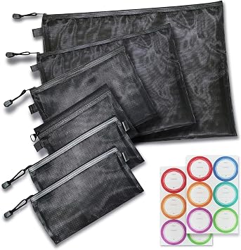 A3 Mesh Zipper Pouch Bags - 6 Pack, Lightweight File Organizing Storage for School Folder, Office Supplies, Toys, Game Bags and Office Supplies A3 A4 A5 A6 2Pen Bag Black