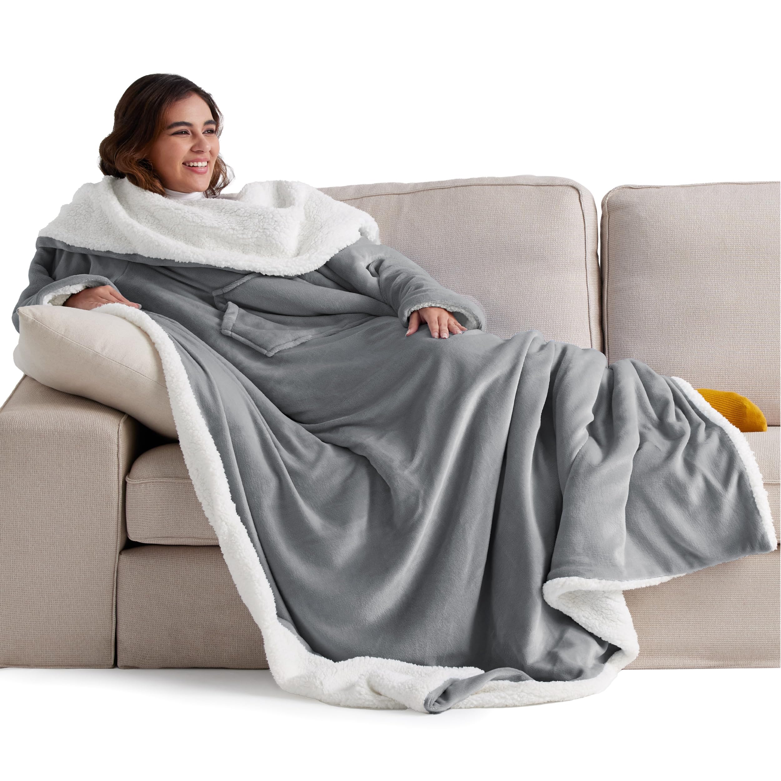 BedsureWearable Blankets for Women with Sleeves & Pocket, Warm Throw Blanket Robe with Arms TV Wrap as Gifts for Women & Men, Grey