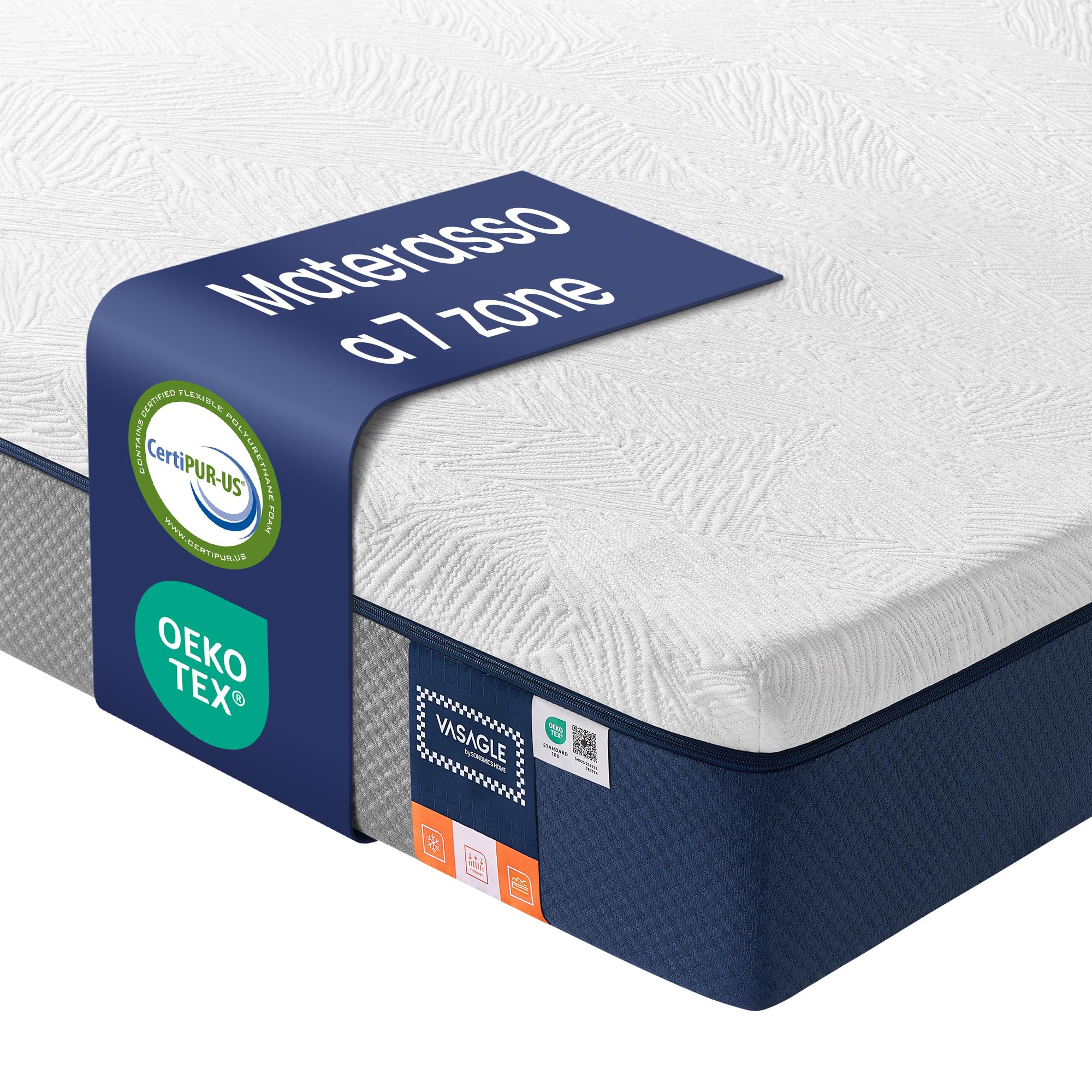 VASAGLE Materasso 80 x 190 cm, Materasso Singolo, Memory Foam con Gel, Rigidità Media, 7 Zone, Rivestimento Traspirante Rimovibile e Lavabile in Lavatrice, 20 cm di Spessore, Blu RMZ203QZ01