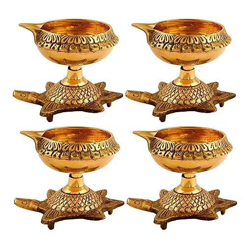 Hashcart Brass Diya with Turtle Base - Handmade Traditional Oil Lamp Deepam/Deepak - Festival Dia for Pooja | Indian Gift Items | [Set of 20 Pc]