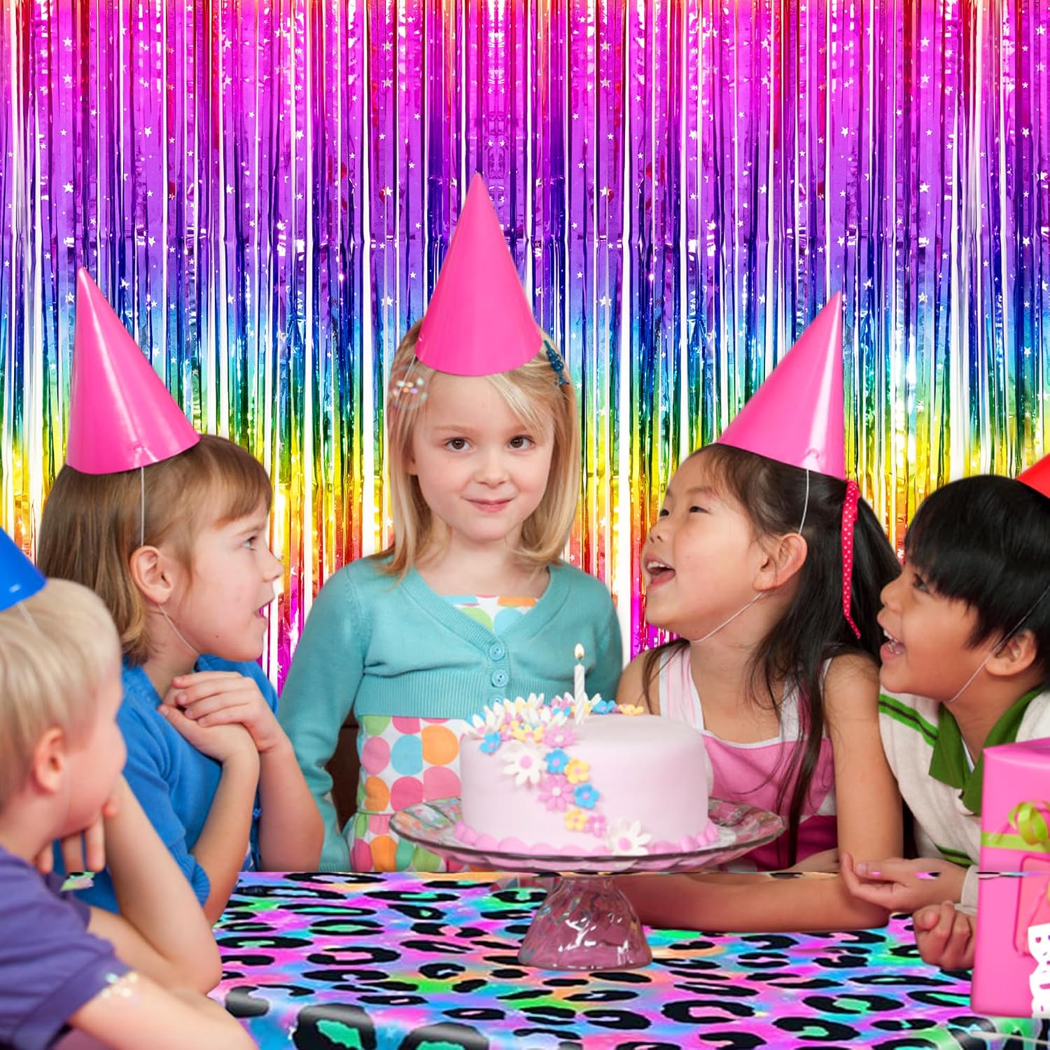 Thicken Neon Rainbow Foil Fringe Backdrop Curtains Streamers for Birthday, 80s 90s Disco Party Decorations, 4 Pack 3.2x8.2 FT