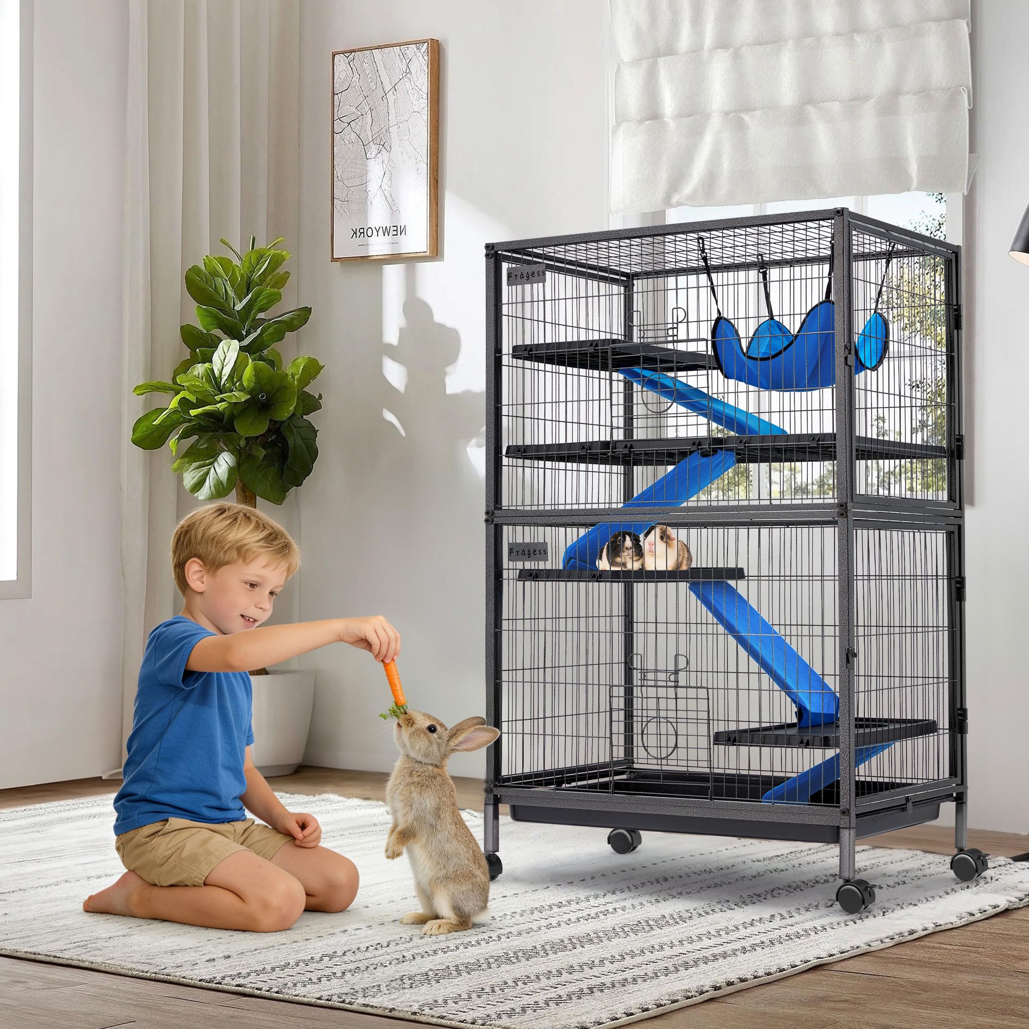 Fragess Kleintierkäfig, 127 cm hoch, Metall, rollbar, 5-stöckig, Meerschweinchenkäfig, Frettchenkäfig, Kaninchenkäfig, Chinchilla-Käfig für Ratten/Hamster, 1,3 cm Gitterabstand mit abnehmbarer Rampe