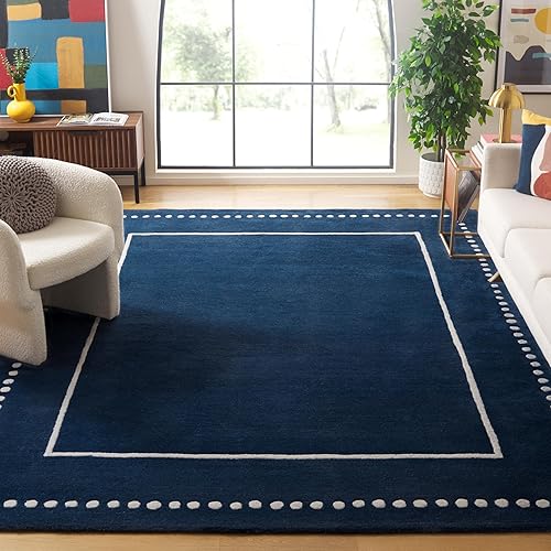 SAFAVIEH Bella Collection Area Rug - 10' x 14', Navy Blue & Ivory, Handmade Dotted Border Wool, Ideal for High Traffic Areas in Living Room, Bedroom (BEL151G)