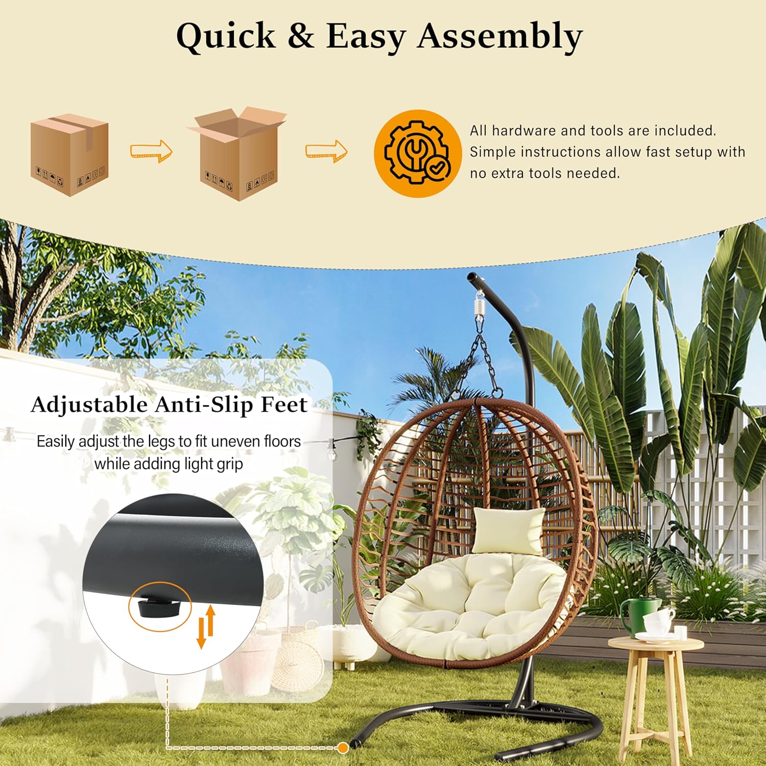 Single Person Wicker Hammock Egg Chair with Stand, Foldable Indoor Outdoor Swing Chair, Anti-Slip Adjustable Feet, Perfect for Balcony Bedroom Garden (Brown+Beige)