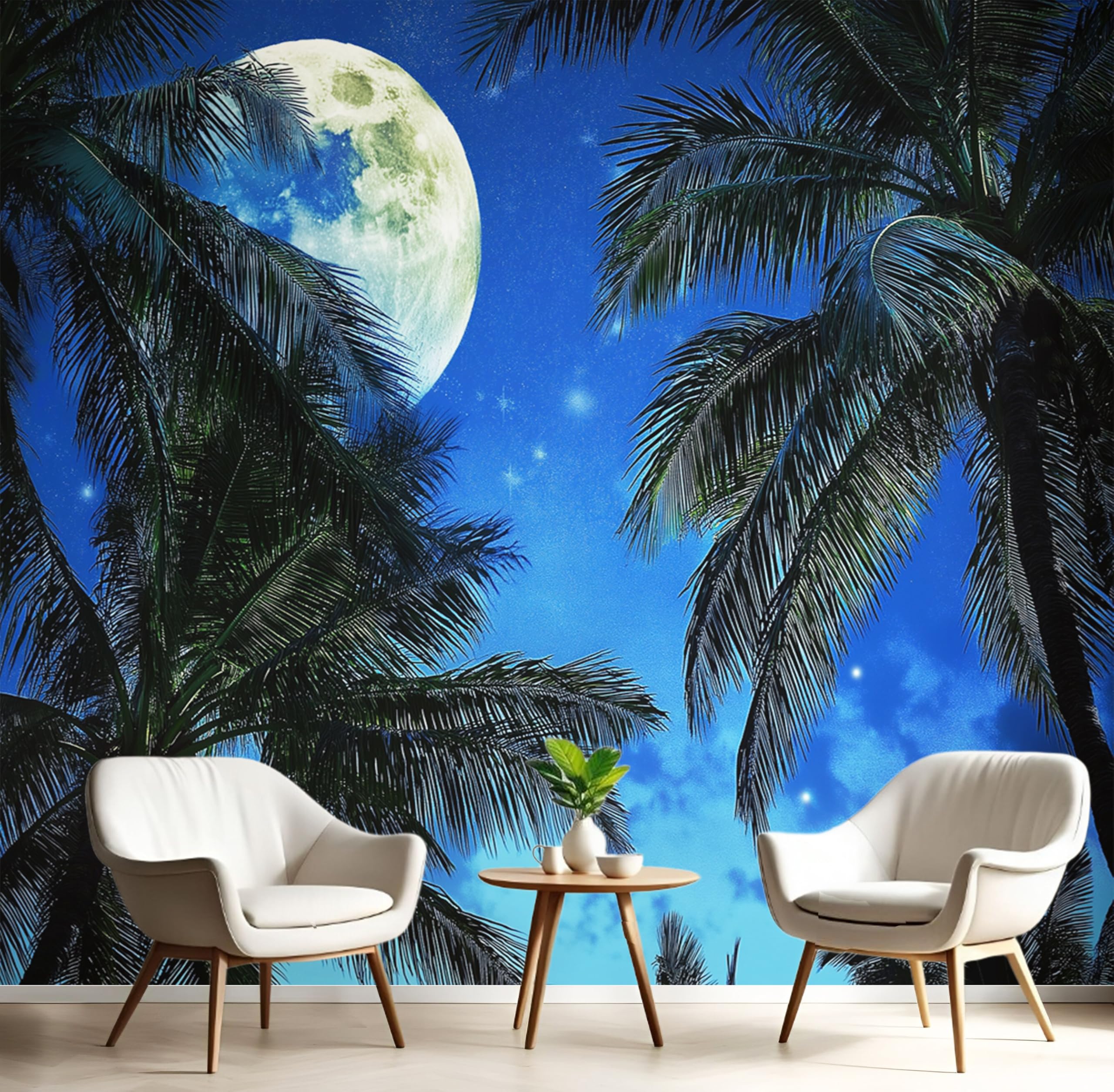Carta Da Parati 200X140Cm Palma Della Luna Fotomurali Seta Murale Alla Decorazione Da Muro Xxl Poster Cameretta Per Camera Da Letto Soggiorno Paesaggio Tropicale 3D Pittura Blu-Verde